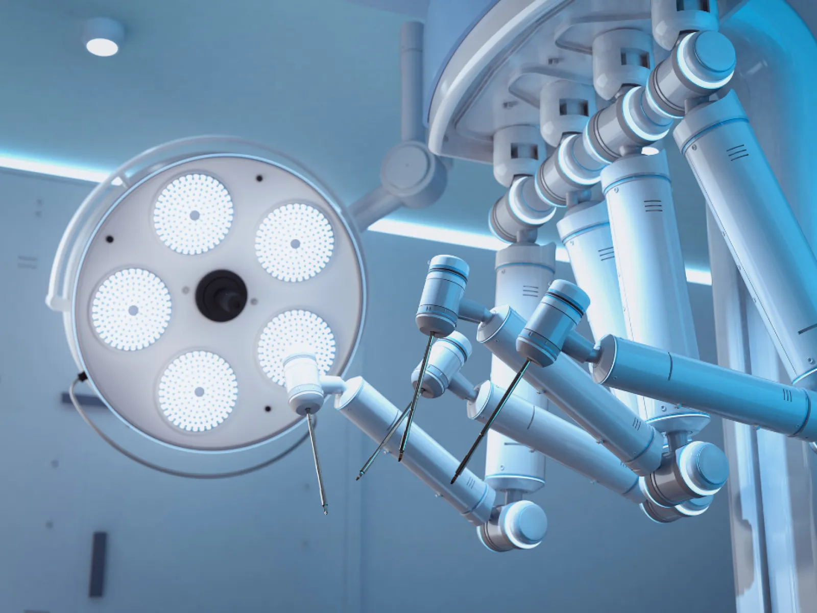 High-tech robotic surgical arms with precise instruments under bright operating room light in modern medical facility