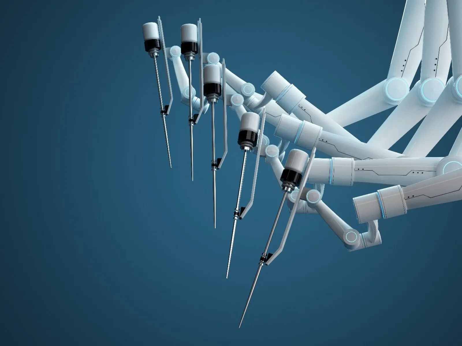 Robotic surgical arms with precise instruments against a blue background showcasing advanced medical technology