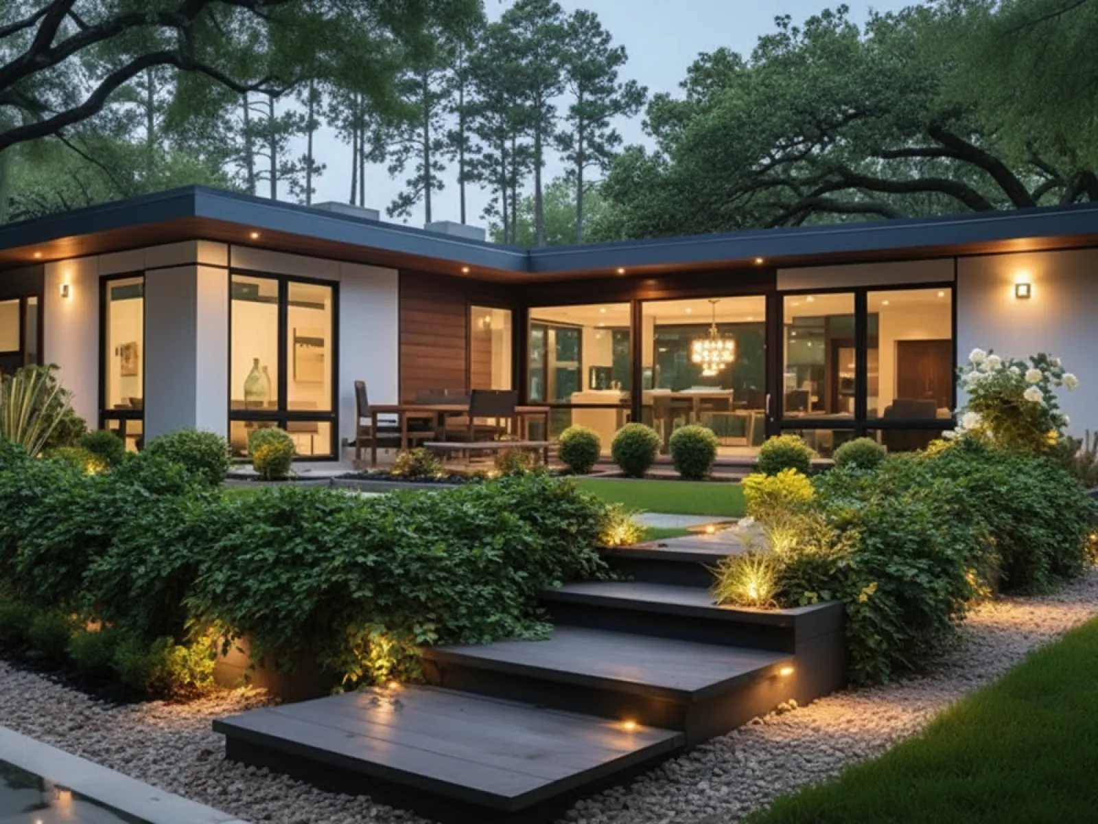 Outdoor lighting design and placement in Atlanta featuring pathway, step, and landscape lighting around a tree-lined home