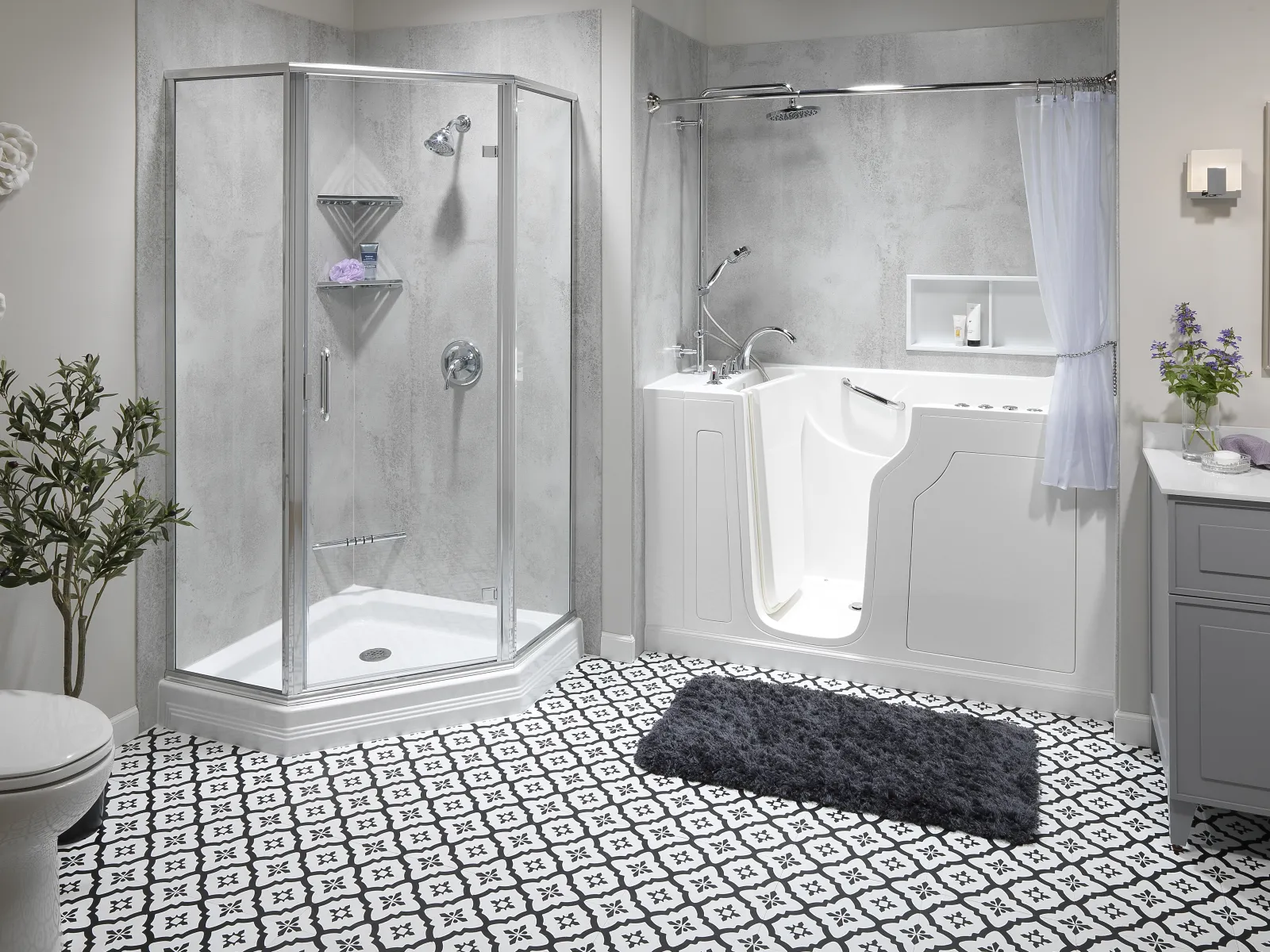 a bathroom with a glass shower