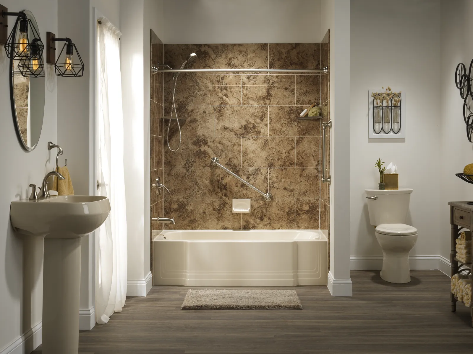 a bathroom with a tub sink and toilet