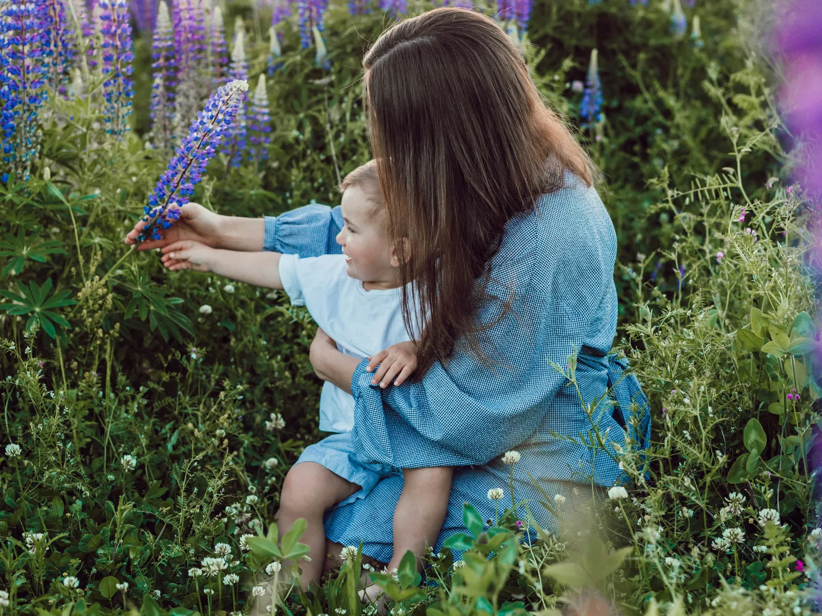 a girl sitting in a field of flowers