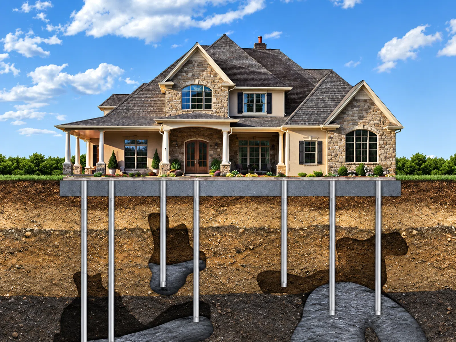 Elegant stone house supported by concrete piles anchored in bedrock beneath soil layers under a blue sky.