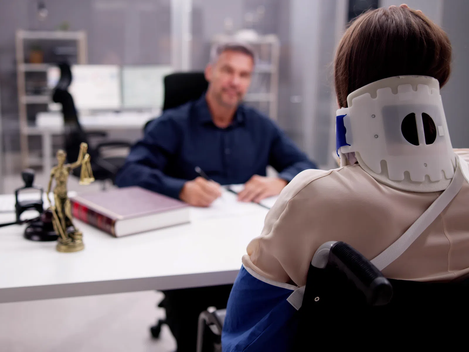 Injured woman in neck brace and arm sling consulting with male lawyer in office at desk