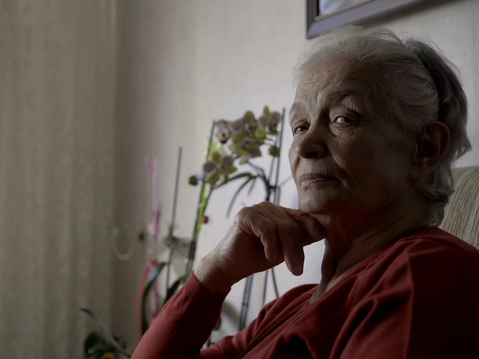 Elderly woman with gray hair sitting indoors near a window with sheer curtains and houseplants