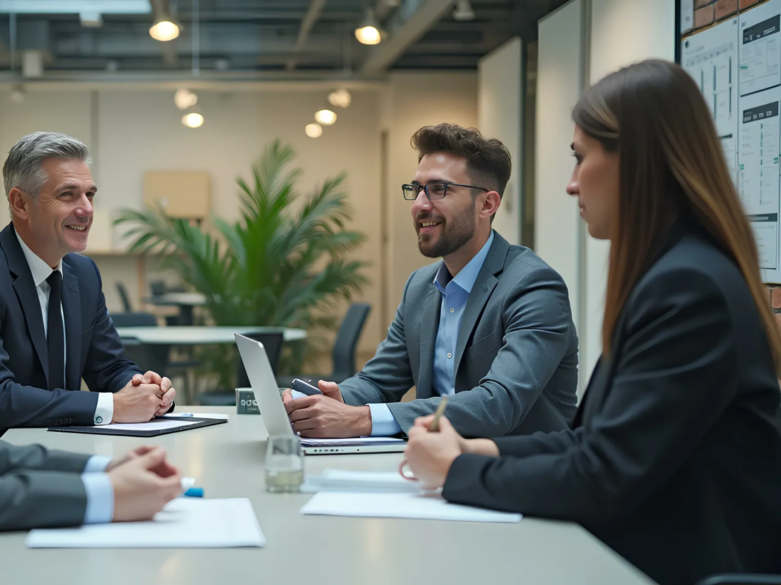 a group of people sitting at a table looking at a laptop