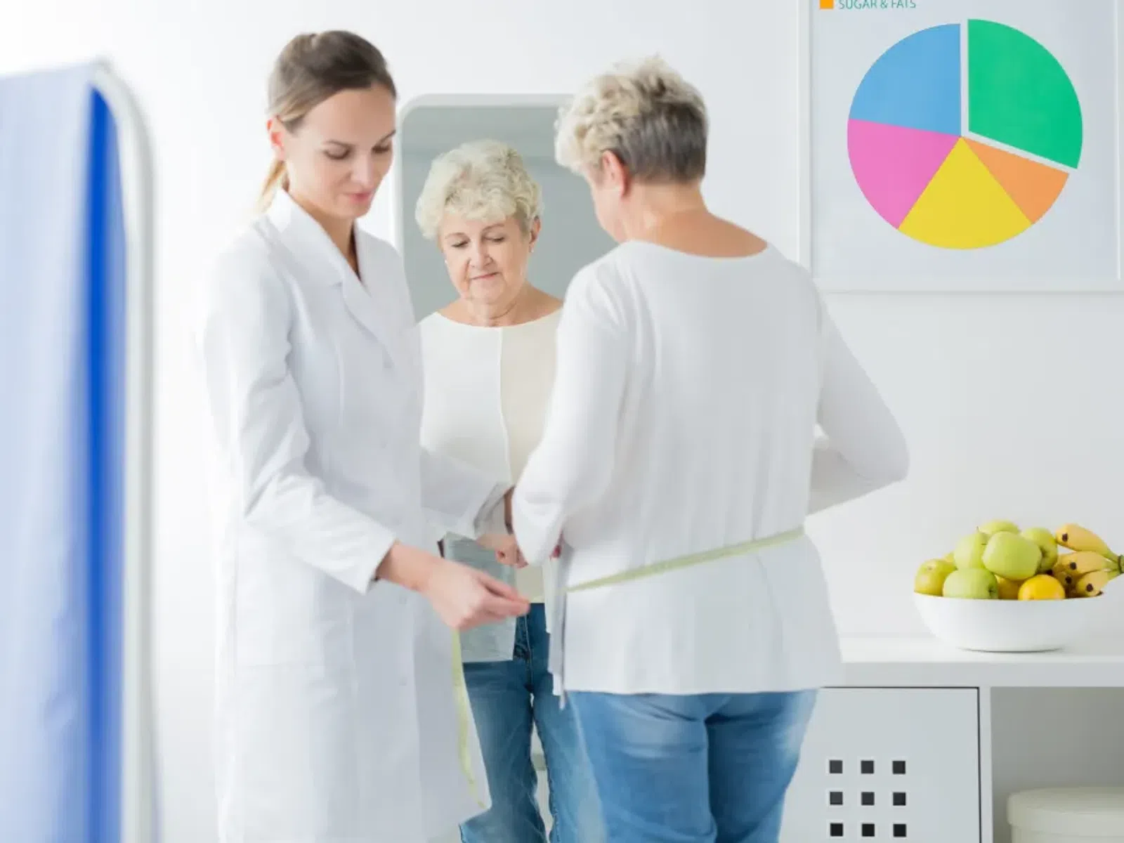 Female healthcare professional measuring waist of an elderly woman during a health consultation in a bright clinic room.