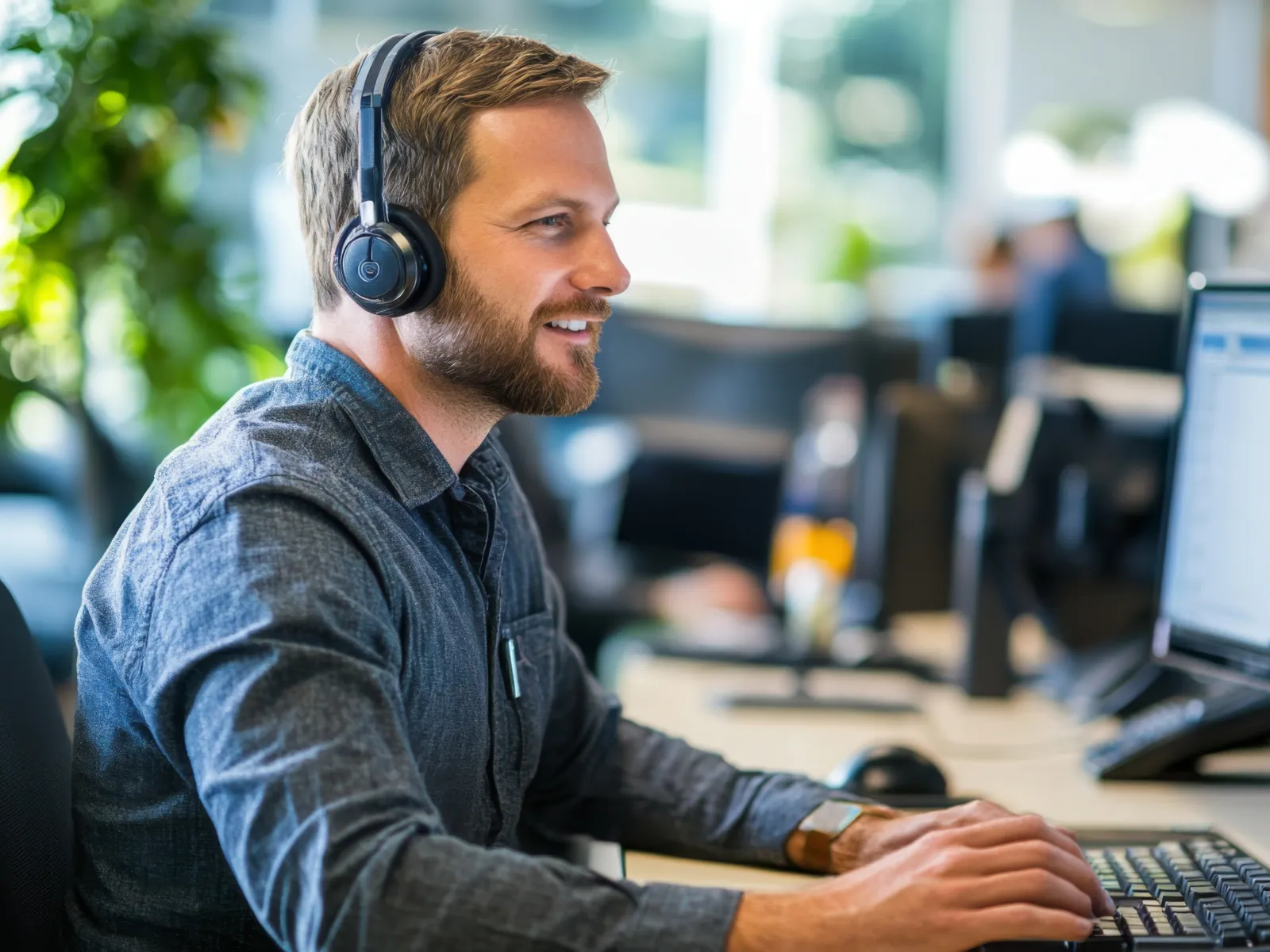a man wearing headphones and sitting at a desk with a computer