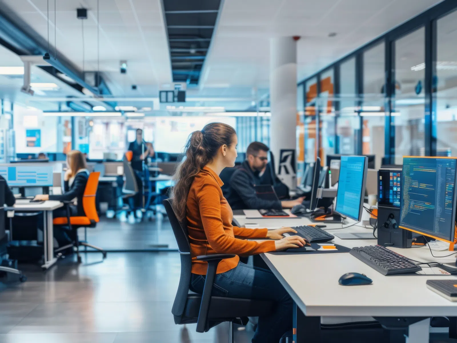 Modern open office with people working at computers and collaborating in a bright tech workspace