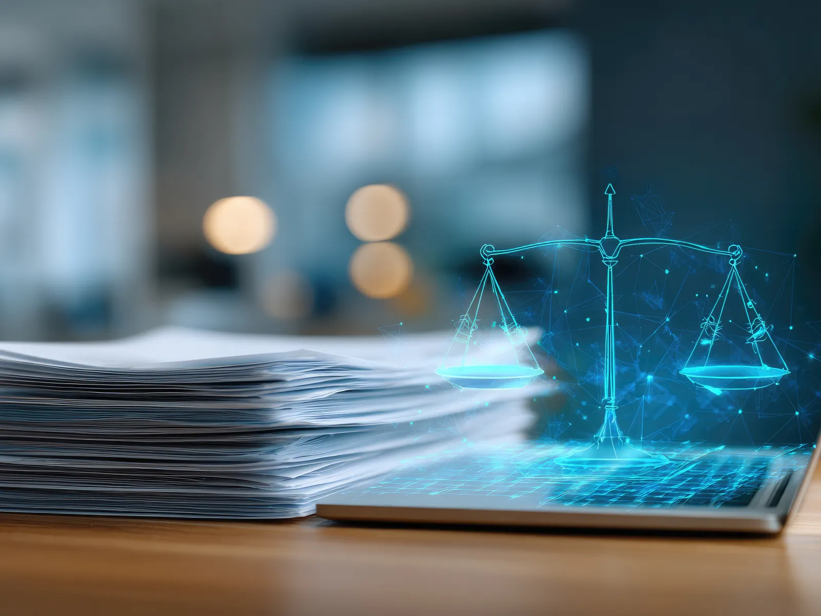 Laptop with a holographic digital scale of justice next to a large stack of legal documents on a wooden desk.