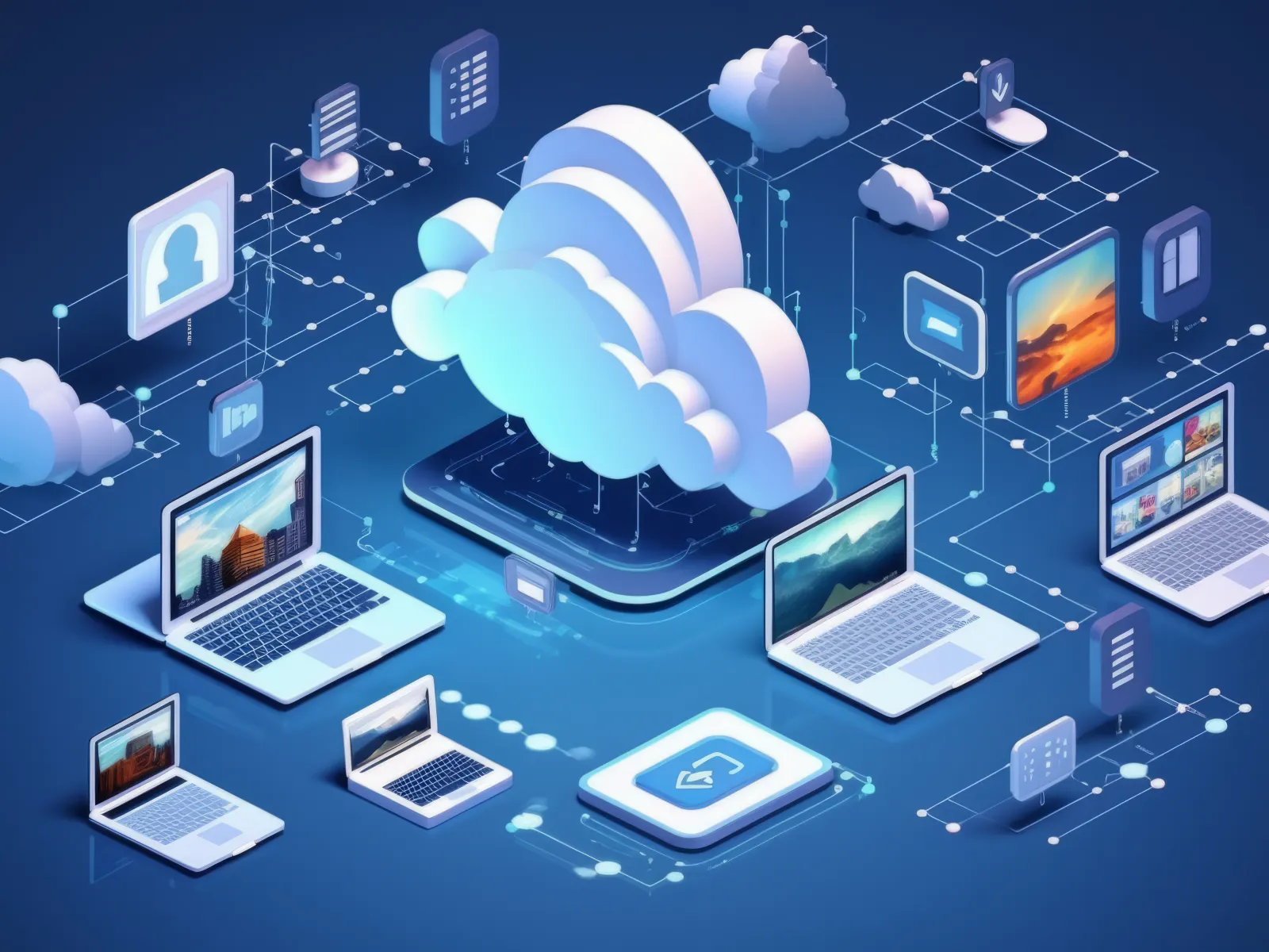 Digital cloud computing concept with laptops, images, and cloud icons on blue background.