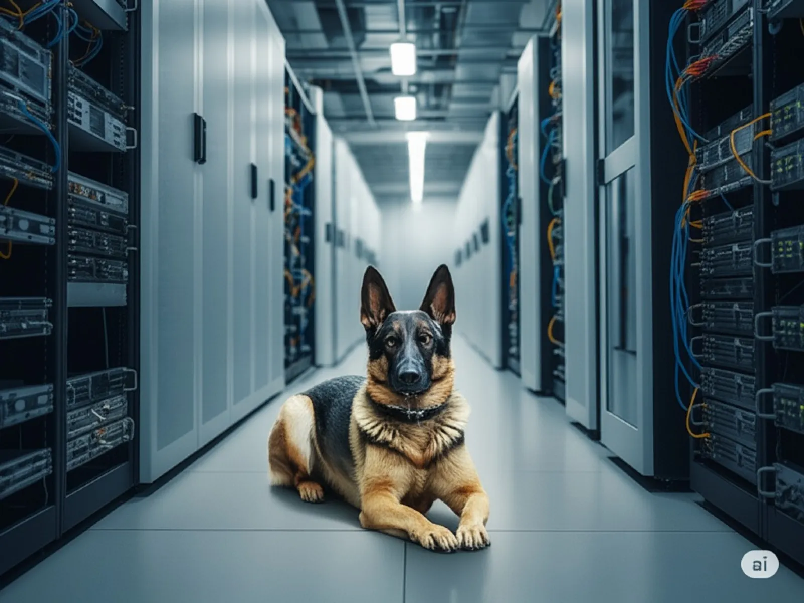 German Shepherd dog lying in a modern data center aisle surrounded by server racks and network cables.
