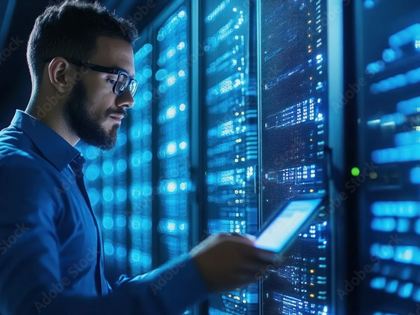 Man in glasses works on tablet near digital server racks with blue lights.