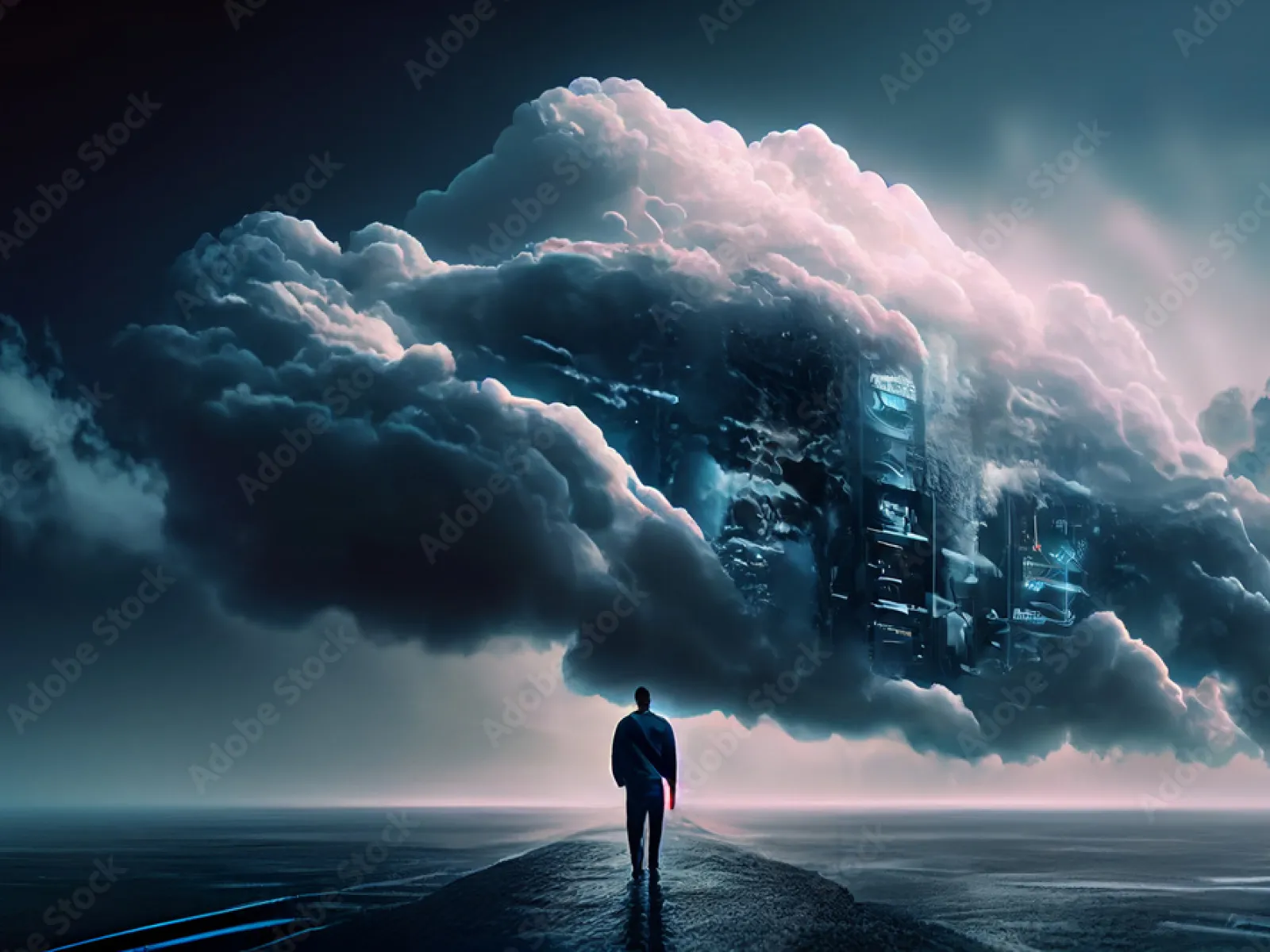A figure stands on a path under a dramatic cloud with digital elements, symbolizing technology and innovation.