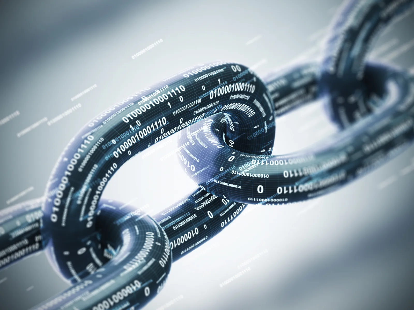 3D representation of a chain composed of binary code, symbolizing data security and blockchain technology.