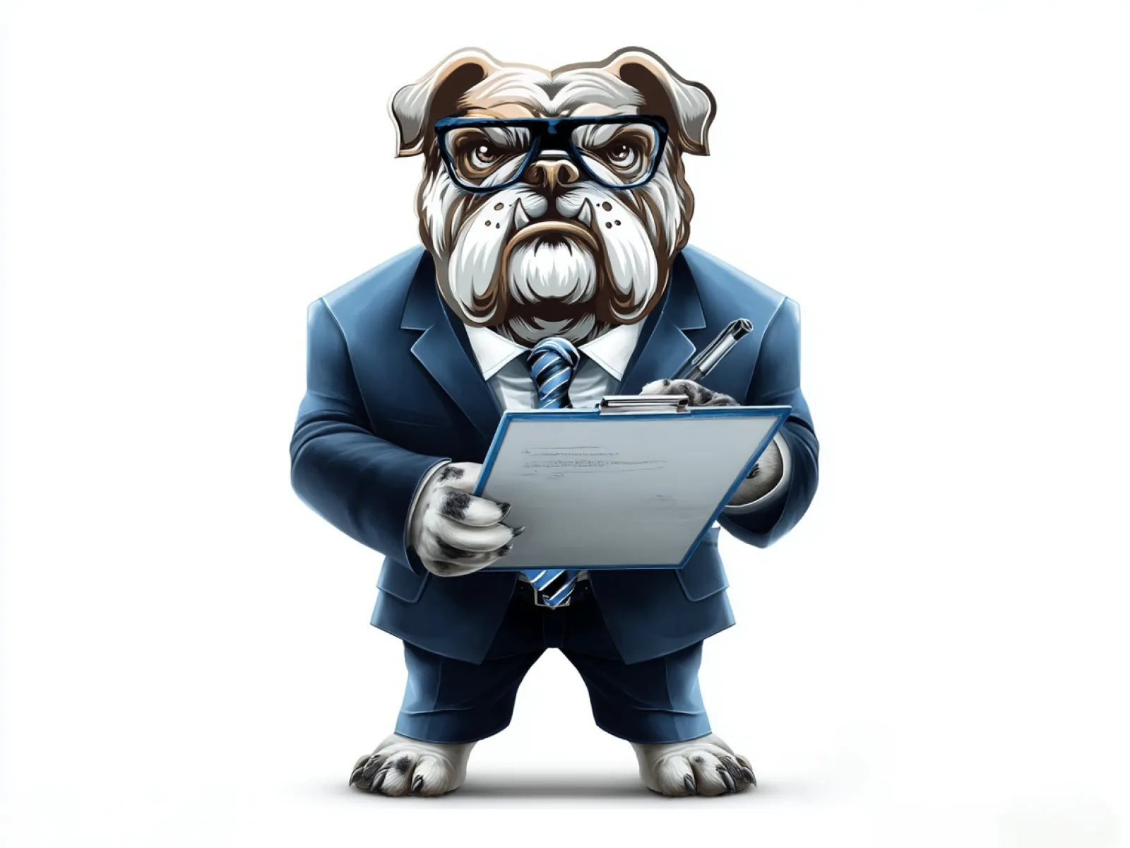 Bulldog in a business suit with glasses holding a clipboard and pen looking serious.
