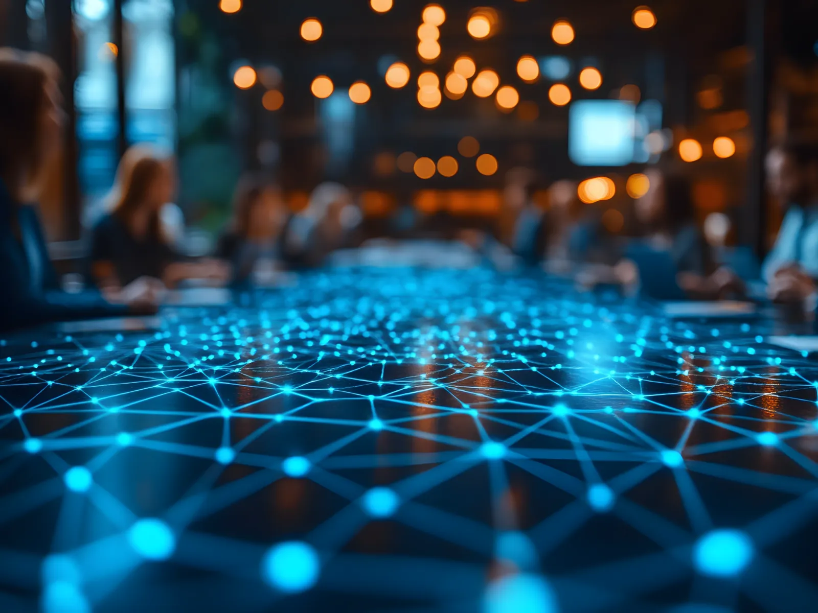 a group of people sitting at a table with blue lights