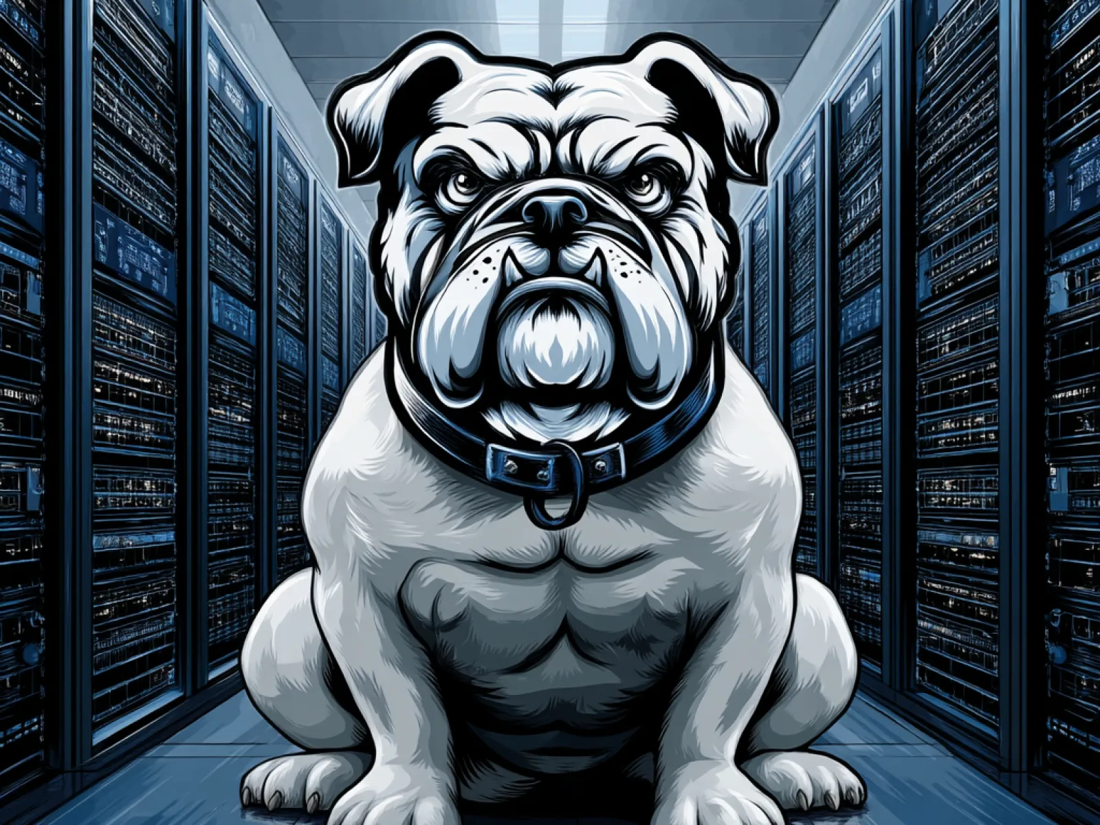 Illustration of a fierce bulldog sitting in a data center aisle surrounded by server racks under blue lighting