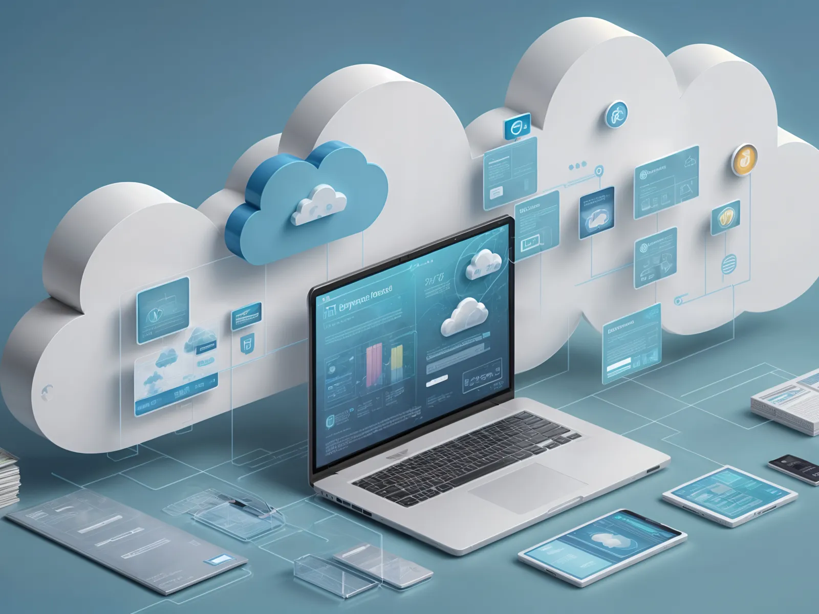 A laptop displaying cloud computing data surrounded by cloud icons and digital elements.