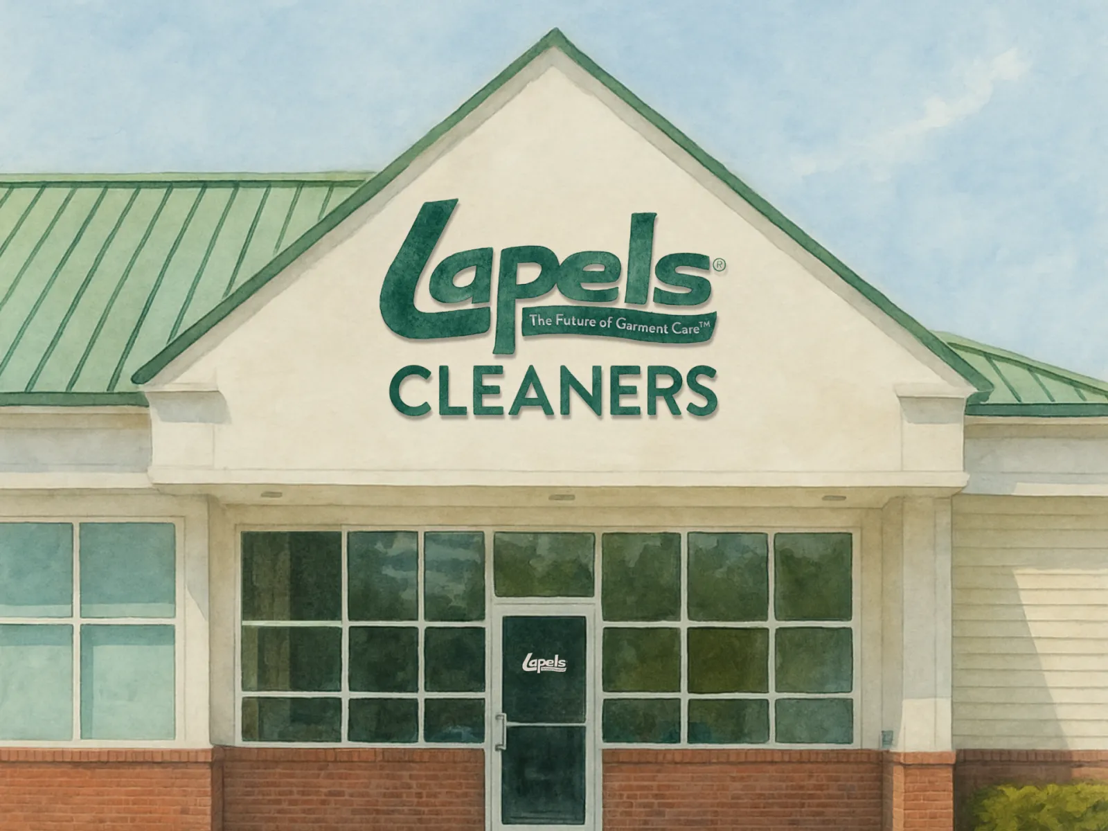 Front view of Lapels Cleaners storefront with green roof and large signage on building facade.