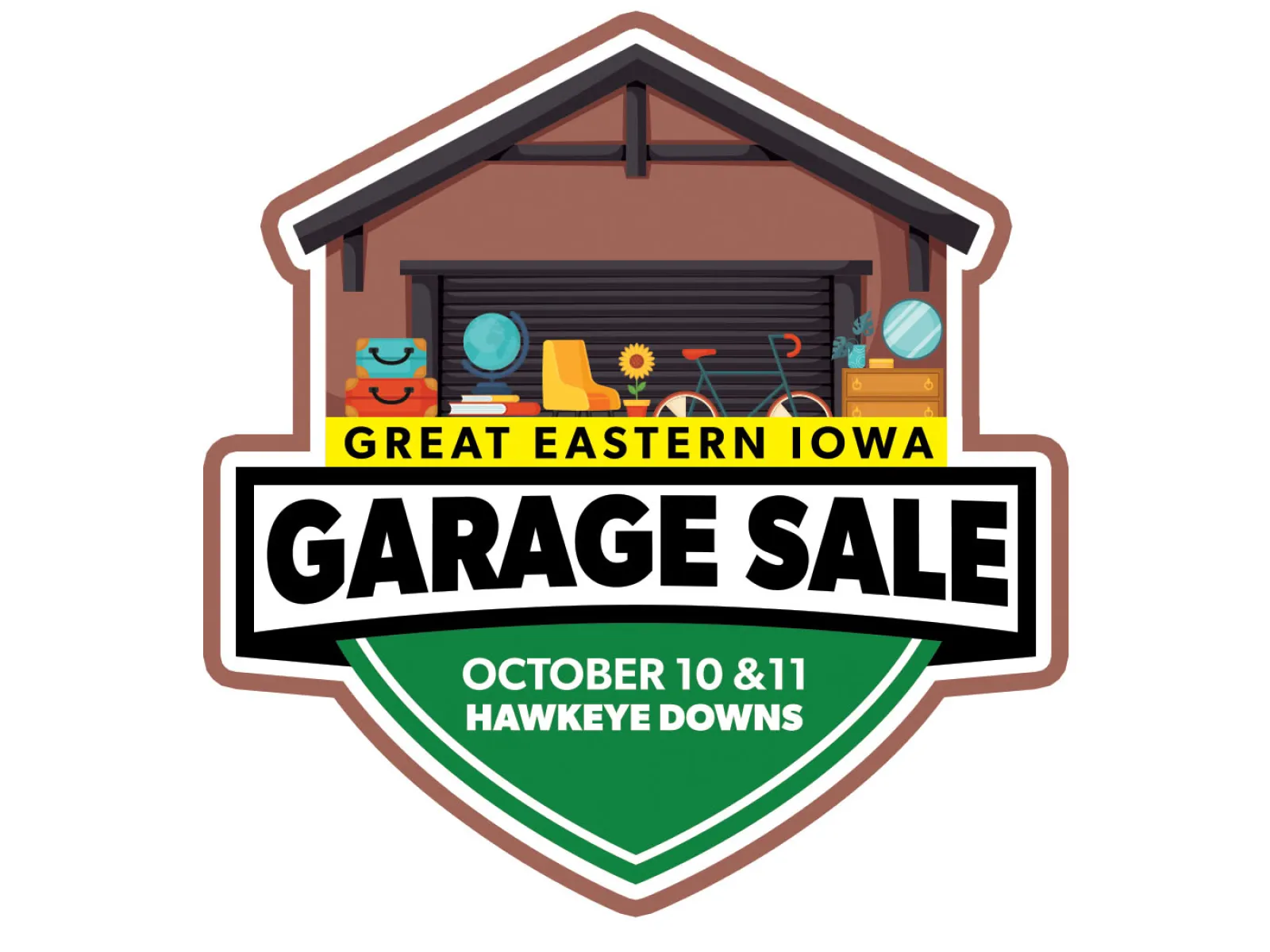 Logo for Great Eastern Iowa Garage Sale event at Hawkeye Downs on October 10 and 11 with garage and items