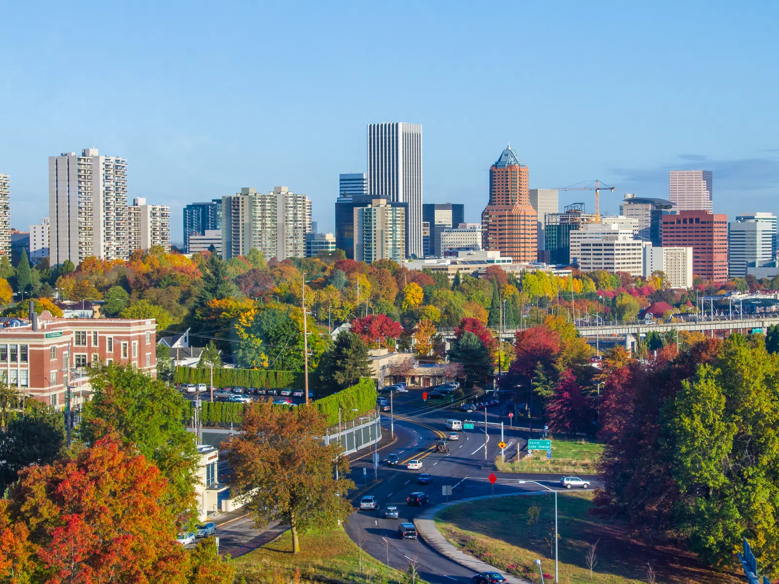 Portland city skyline with autumn foliage and busy roads under a clear blue sky in fall season.