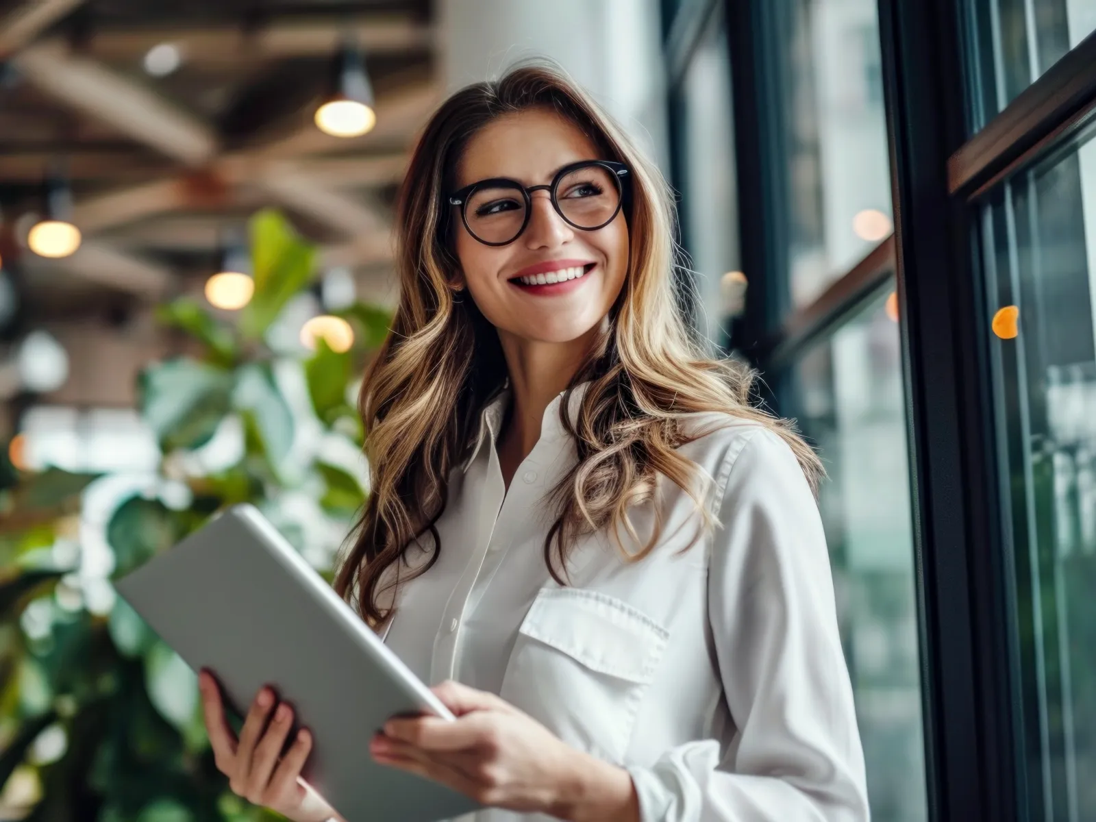 Young woman in glasses holding a tablet, smiling and standing by window in modern office with plants.