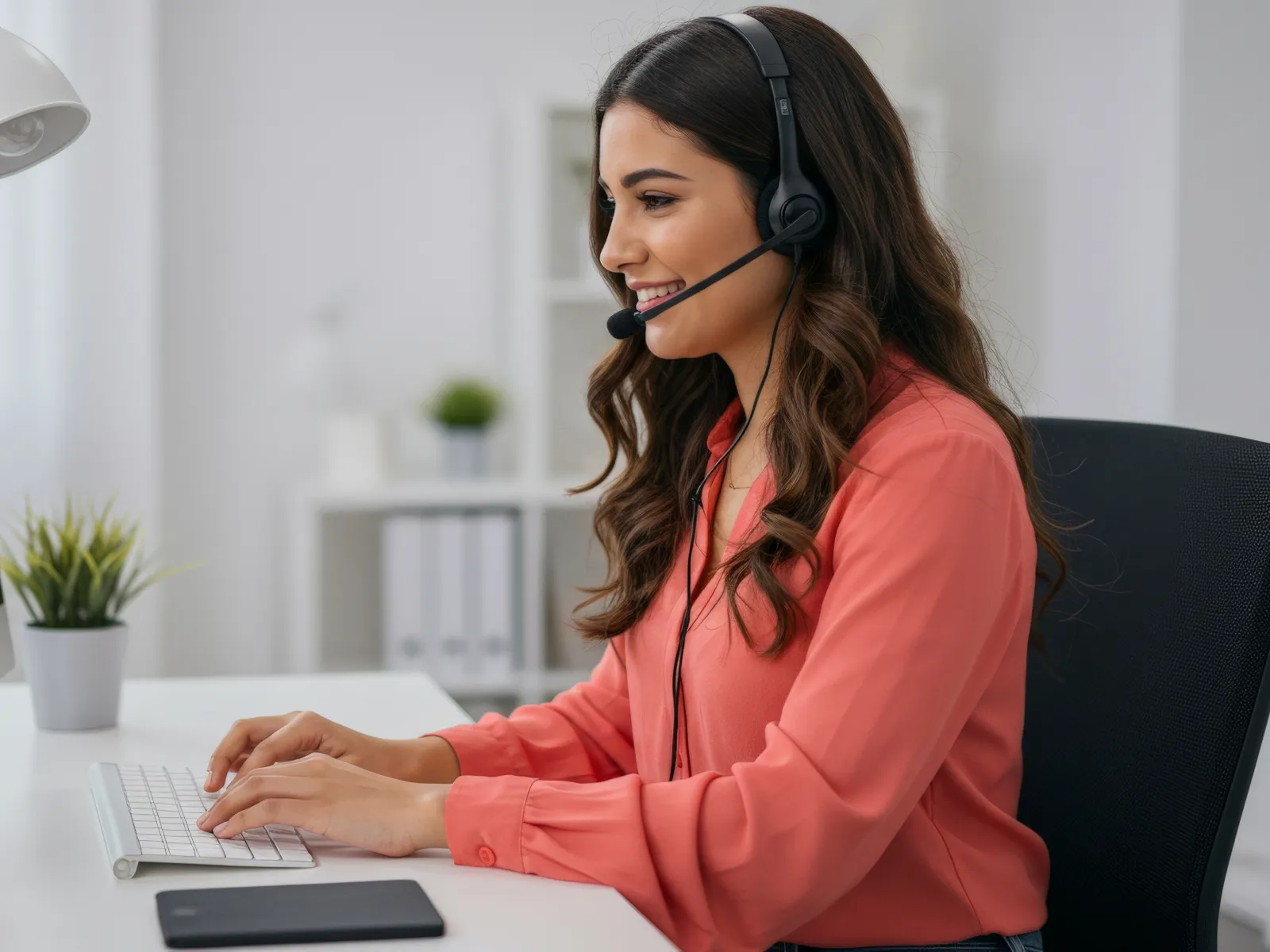 Customer service agent with headset typing on keyboard at desk with computer and smartphone.