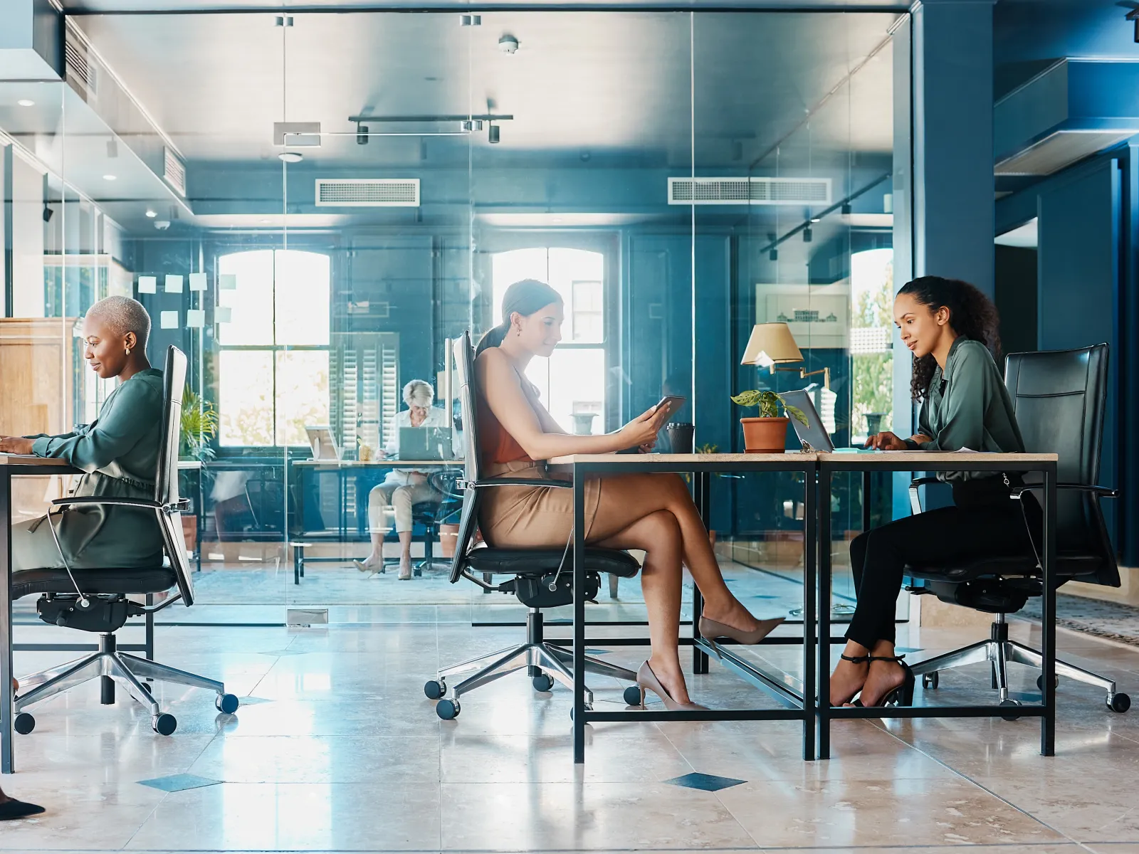 Group of young professionals collaborating and working on laptops and documents in a modern office space with plants.