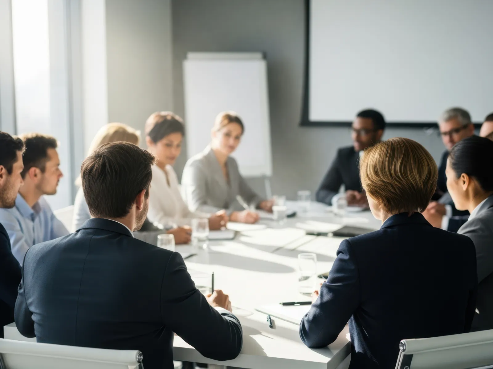 Diverse business team sitting around a modern conference table engaged in a meeting with a flip chart and projector screen.