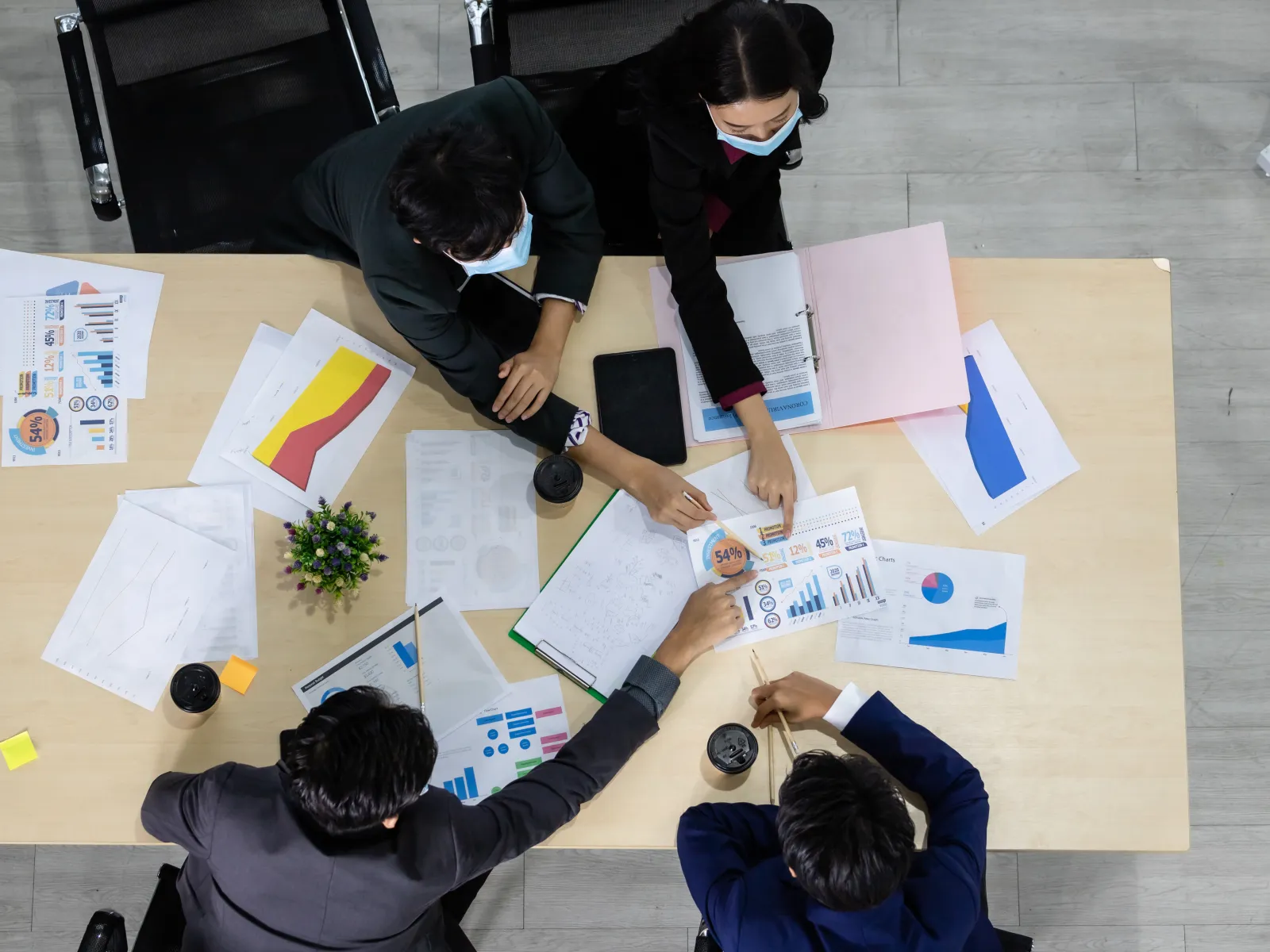 Overhead view of business team wearing masks discussing charts and graphs on a table during a meeting.