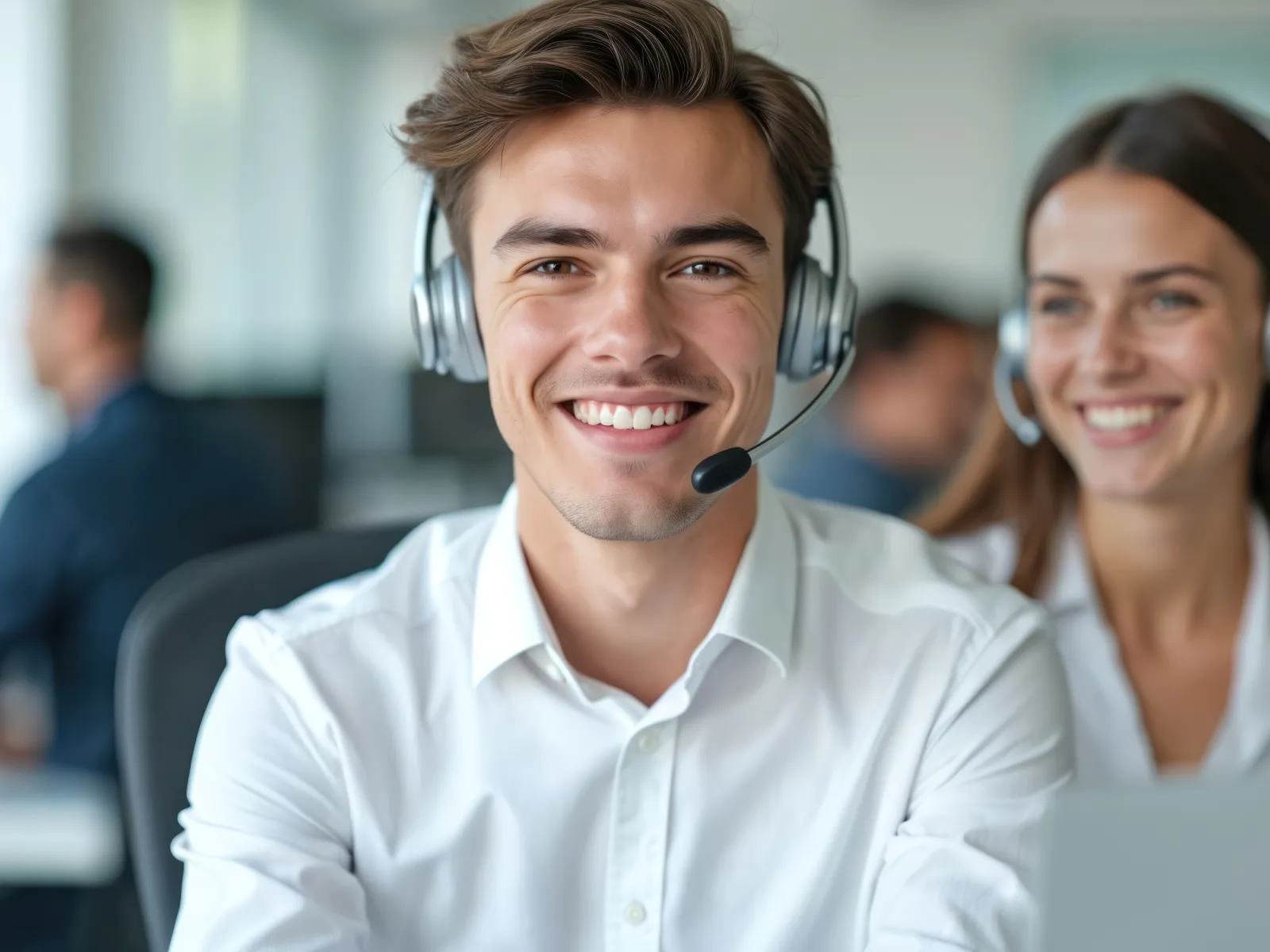 Smiling customer service representatives wearing headsets in a modern office environment