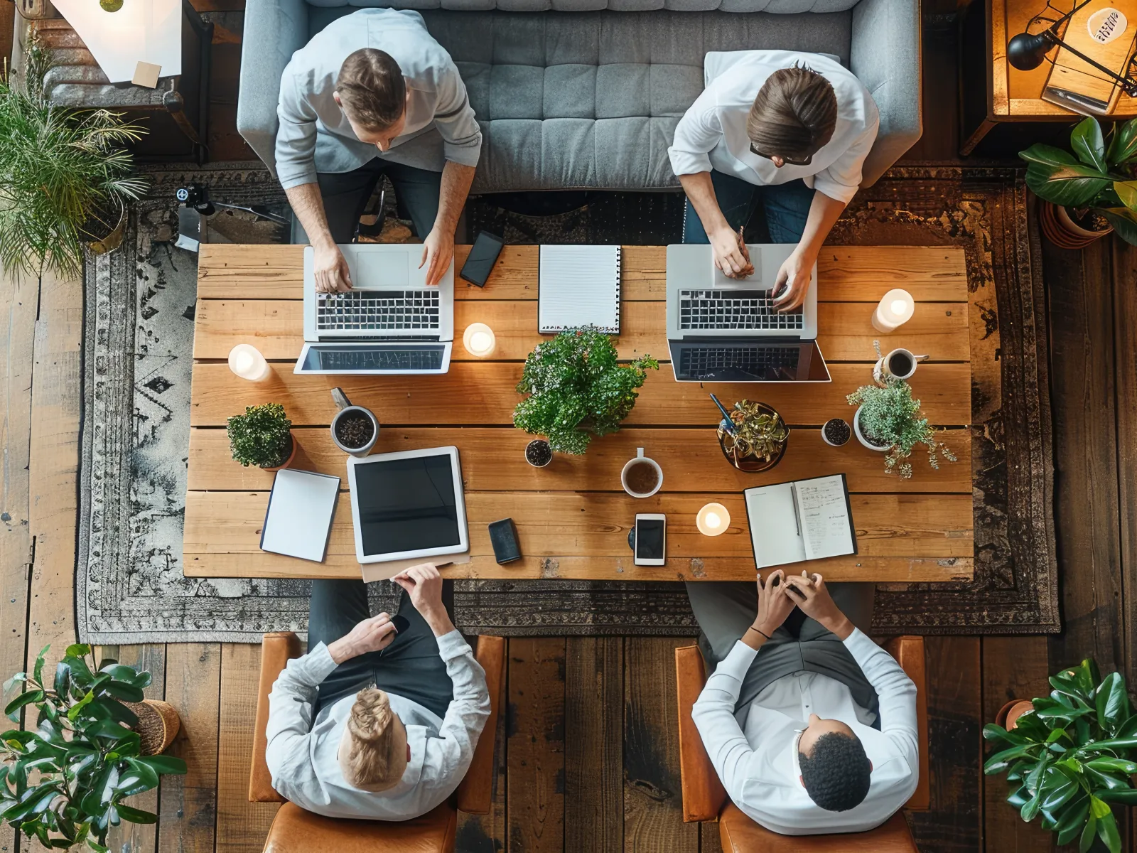 Top view of four people working on laptops and tablets around a wooden table in a cozy office with plants