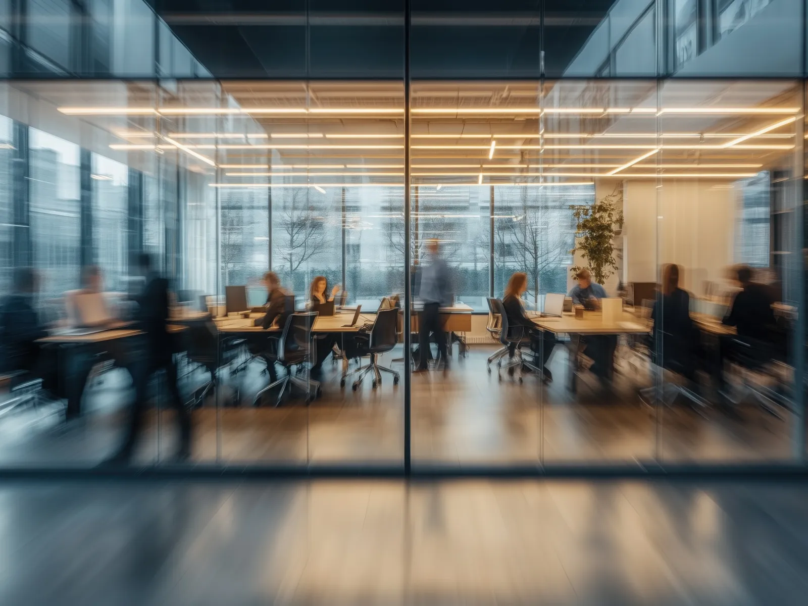 Blurred view of a modern office conference room with professionals engaged in discussion.