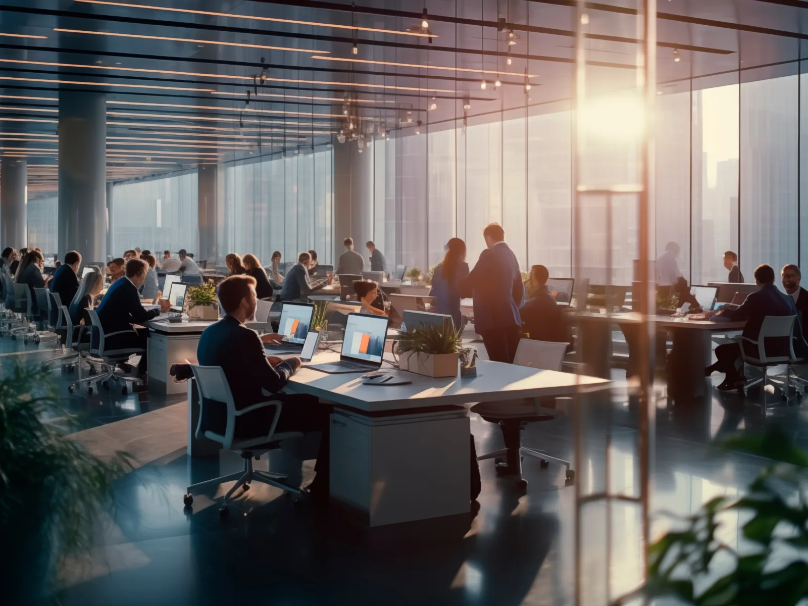 Modern open office with professionals working on laptops during sunset with city skyline through glass walls.