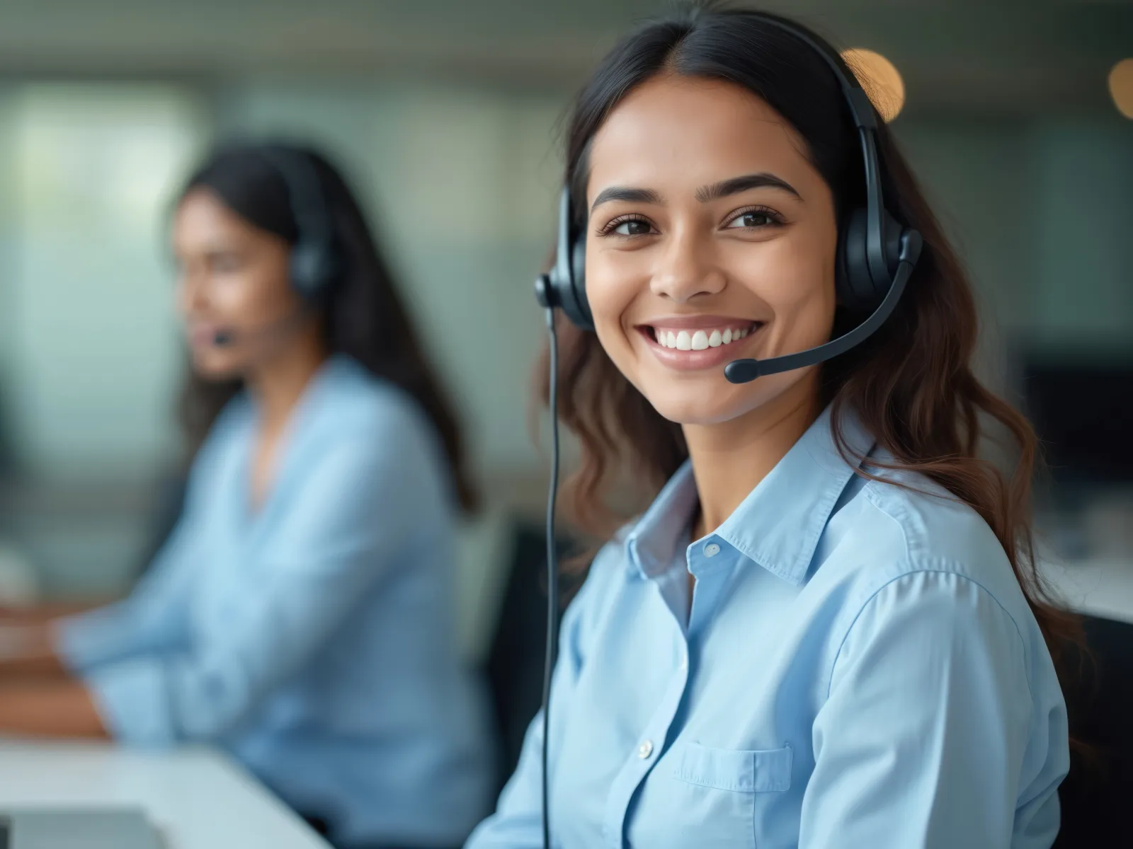 Smiling female customer support agent wearing headset working in a modern office with a colleague in background.
