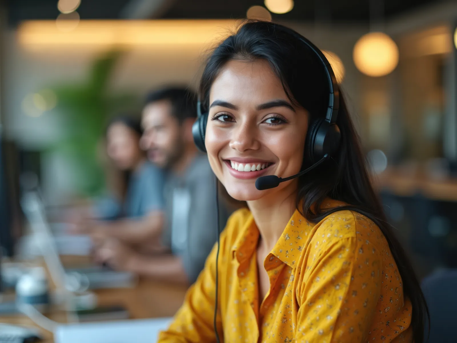 Smiling female call center agent wearing headset working at computer in busy modern office environment.