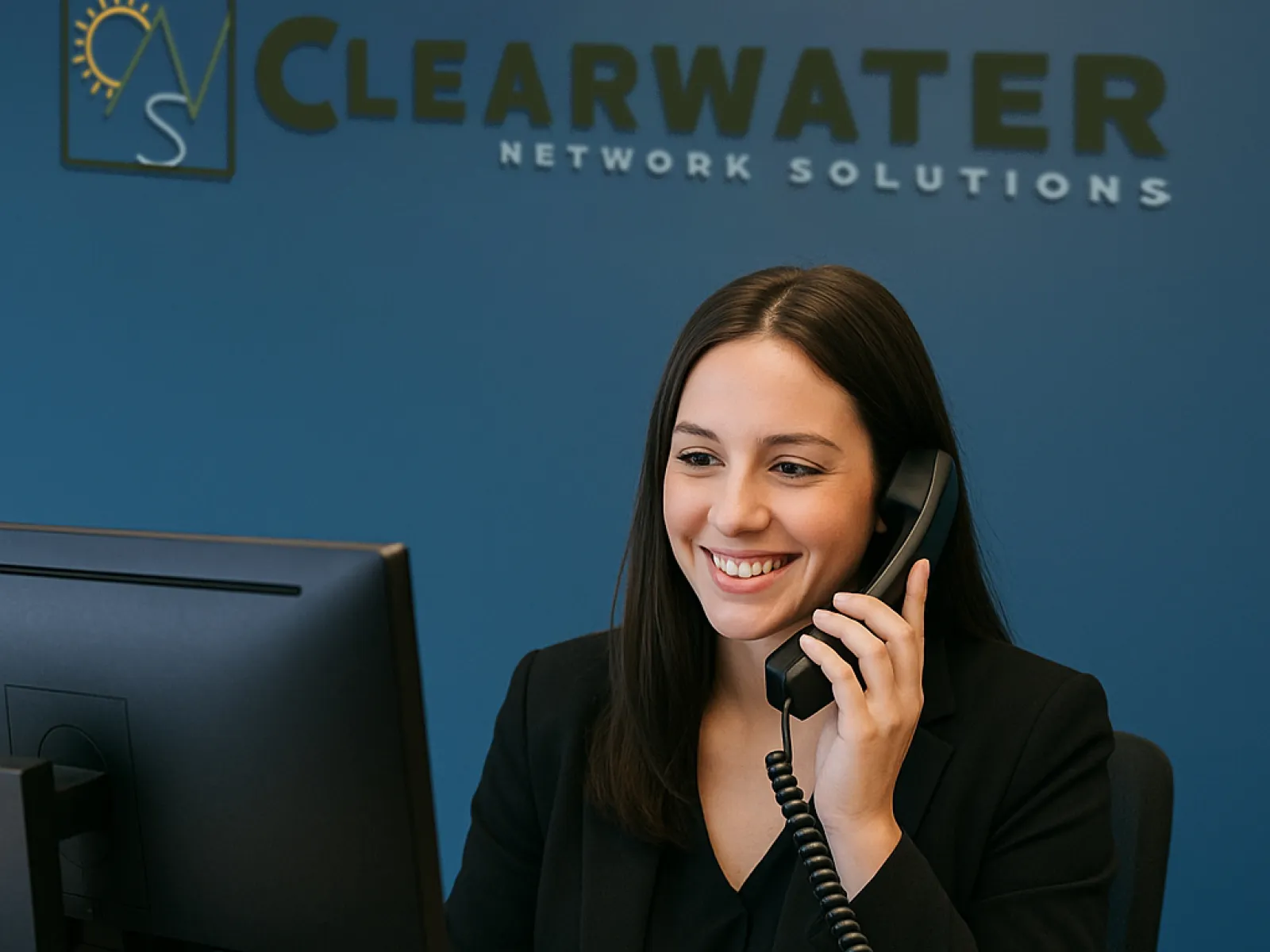 Smiling woman answering phone at reception desk with Clearwater Network Solutions logo on blue wall behind her