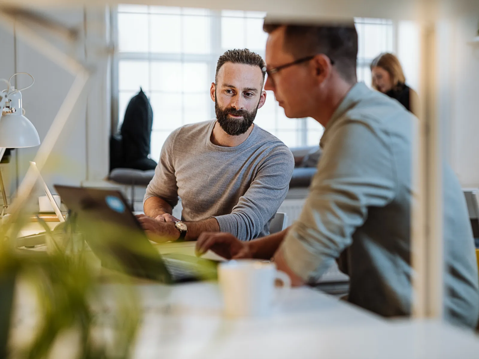a couple of men looking at a laptop