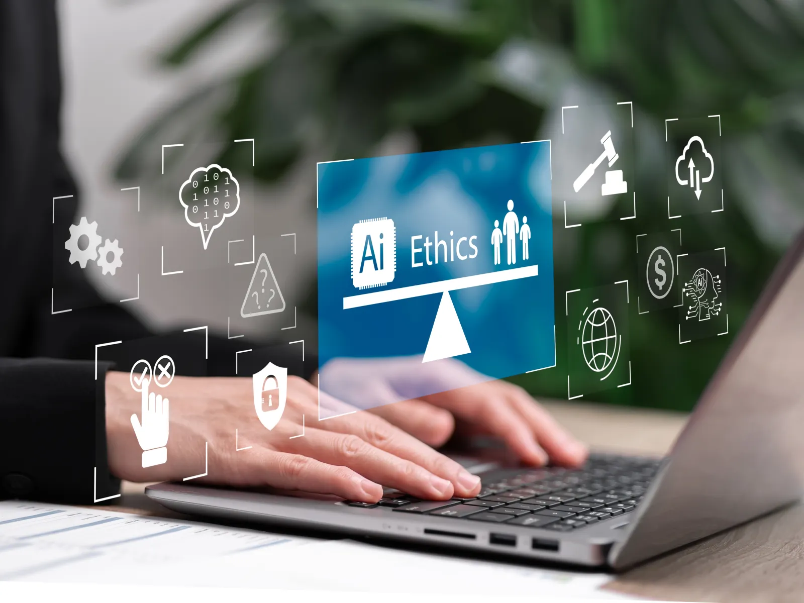 Person typing on laptop with AI ethics concept and digital icons overlay representing technology and security.