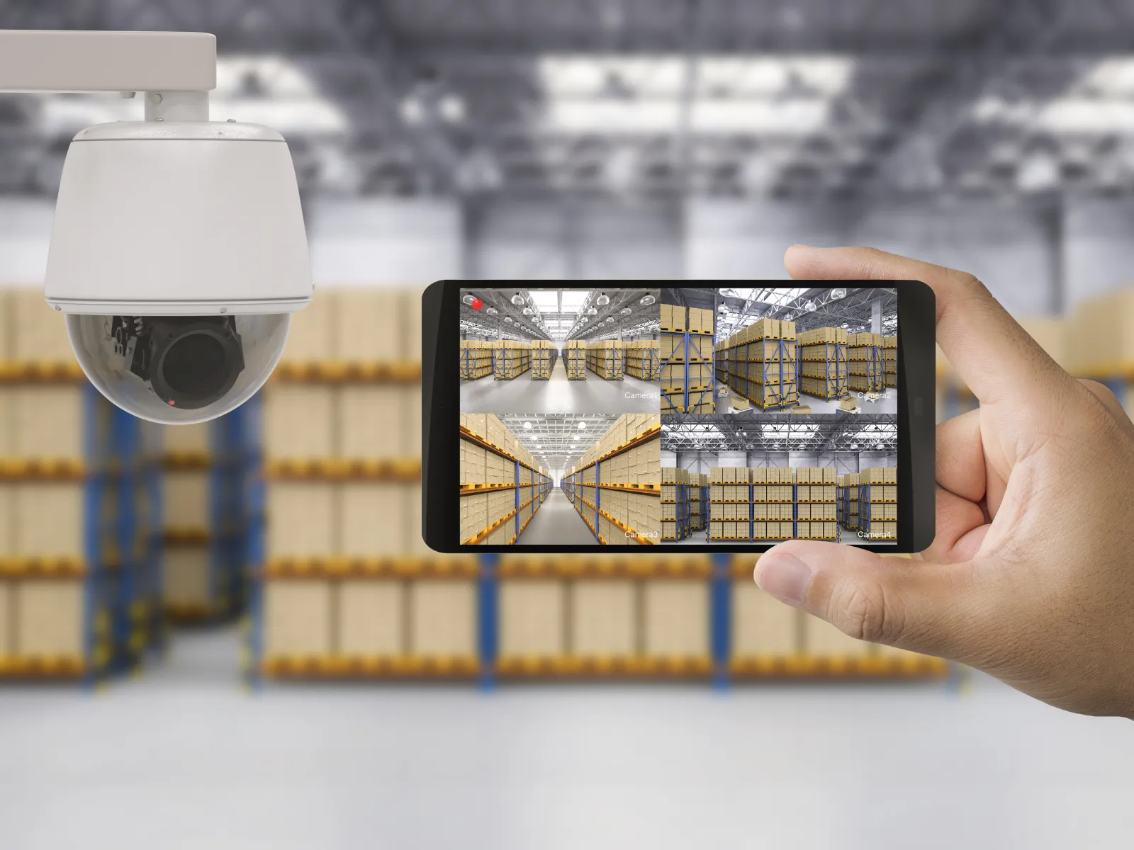 video surveillance throughout a warehouse and camera views on a smartphone