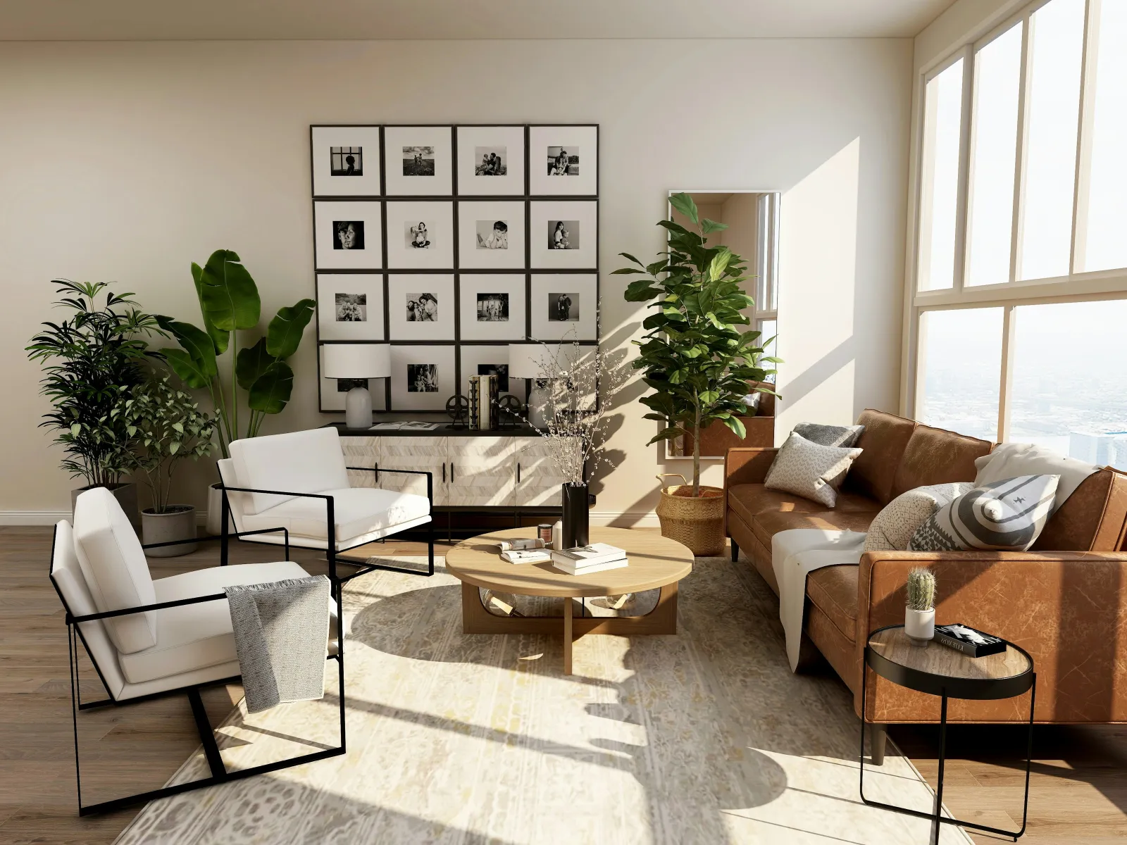 Bright modern living room with leather sofa, white armchairs, large windows, coffee table, and green plants.