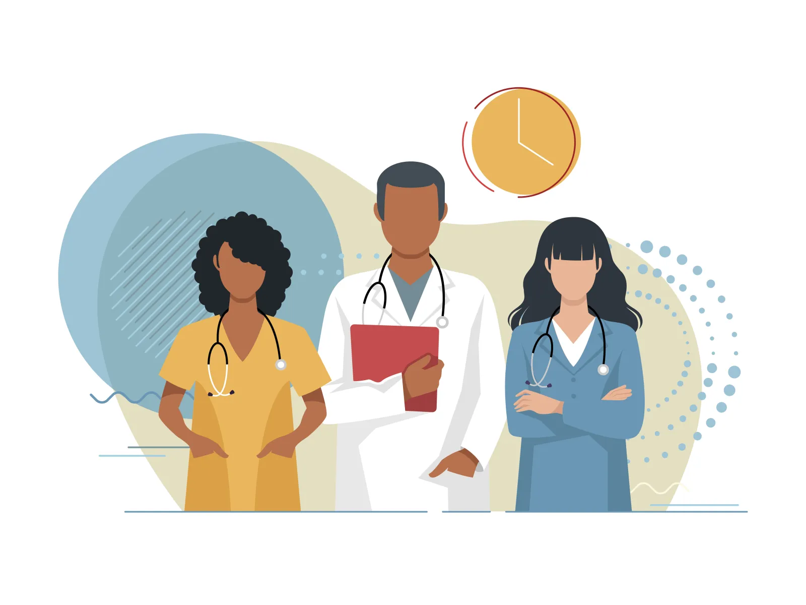 Illustration of three diverse healthcare professionals with stethoscopes and clipboard standing together