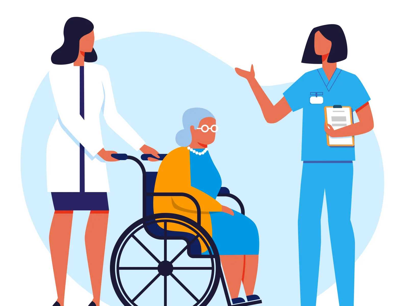 Nurse discussing care with doctor pushing elderly woman in wheelchair against a light blue background