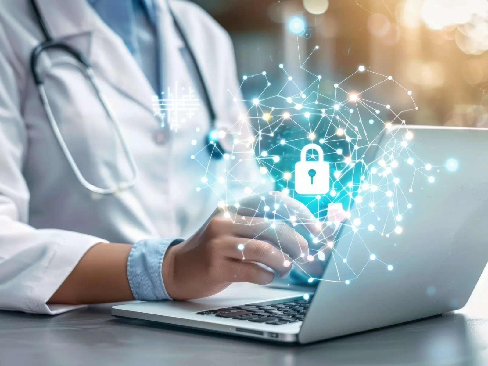 Doctor using laptop with digital padlock and network security graphic representing medical data protection