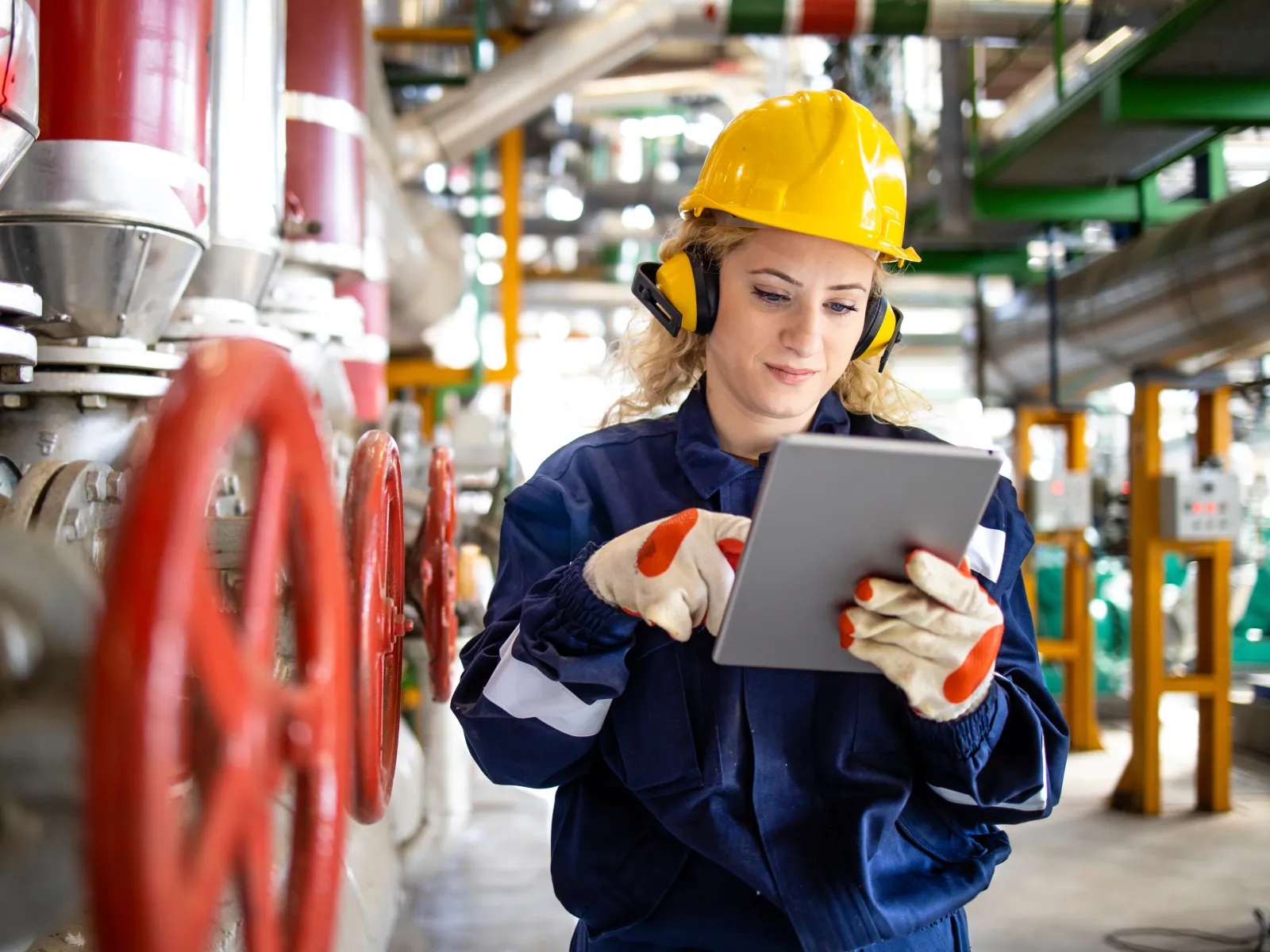 Female engineer in safety gear uses tablet to inspect industrial valves in factory setting.