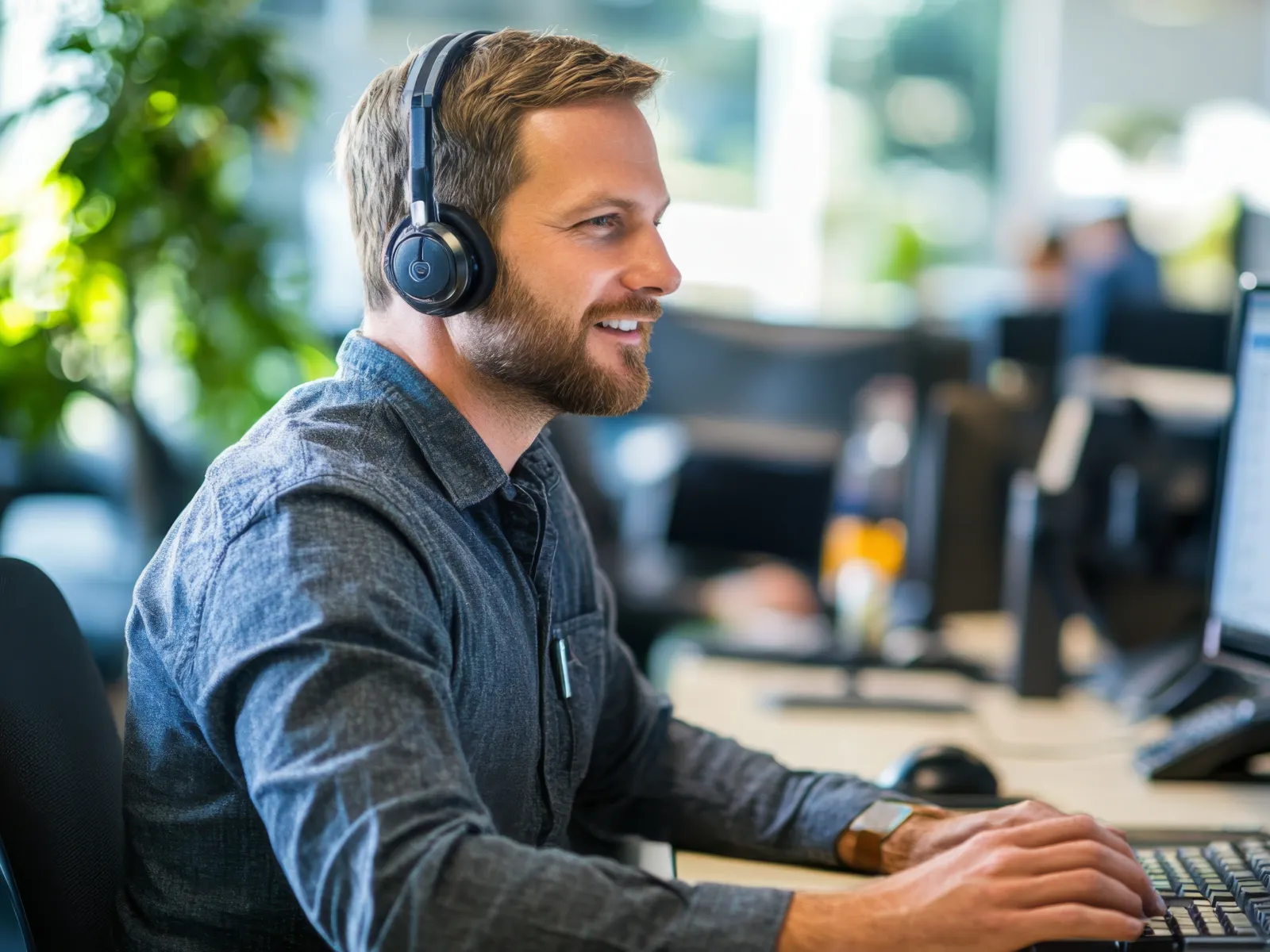 a man wearing headphones and sitting at a desk with a computer