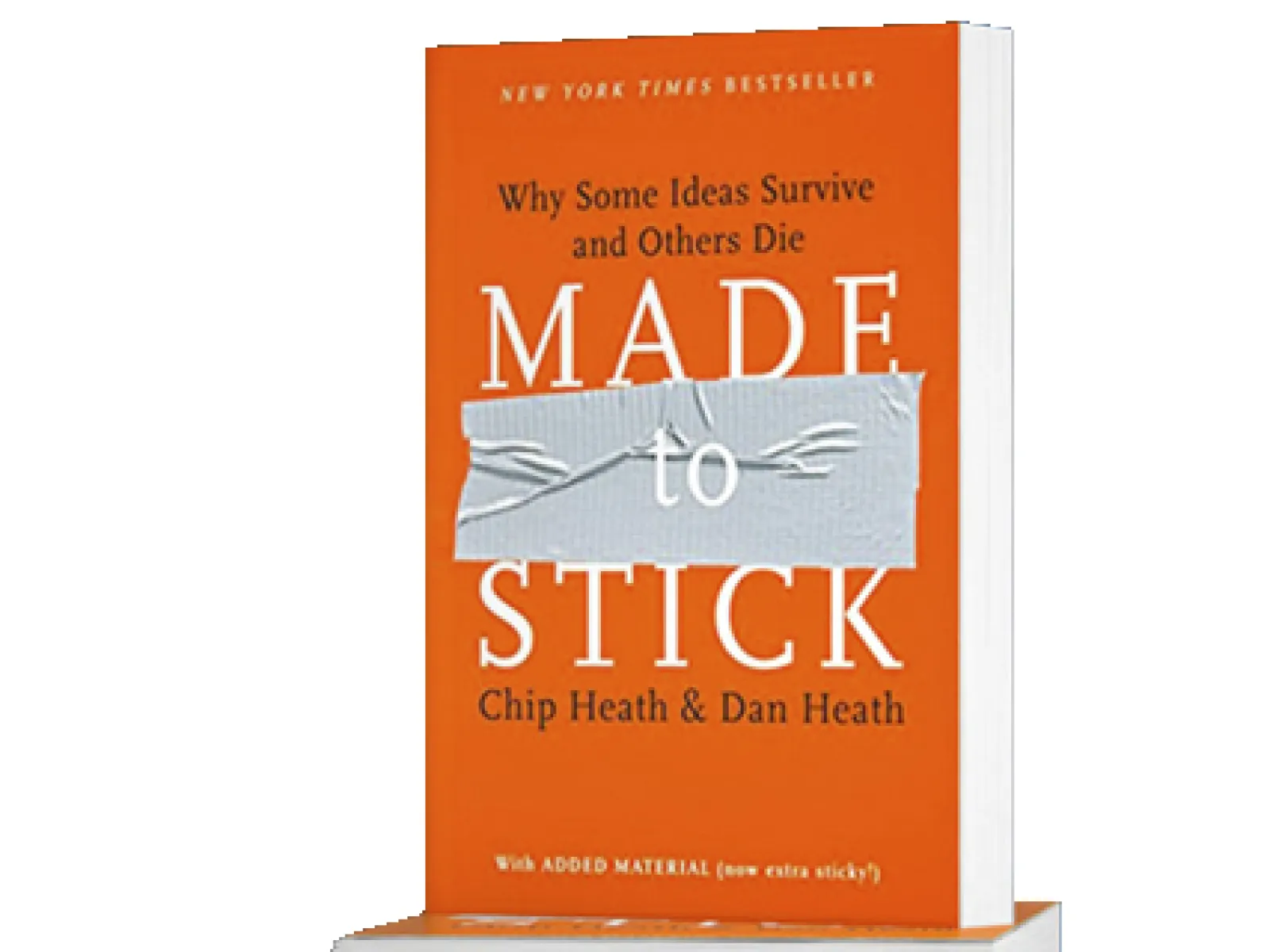Cover of the book Made to Stick by Chip Heath and Dan Heath with an orange background and duct tape design.