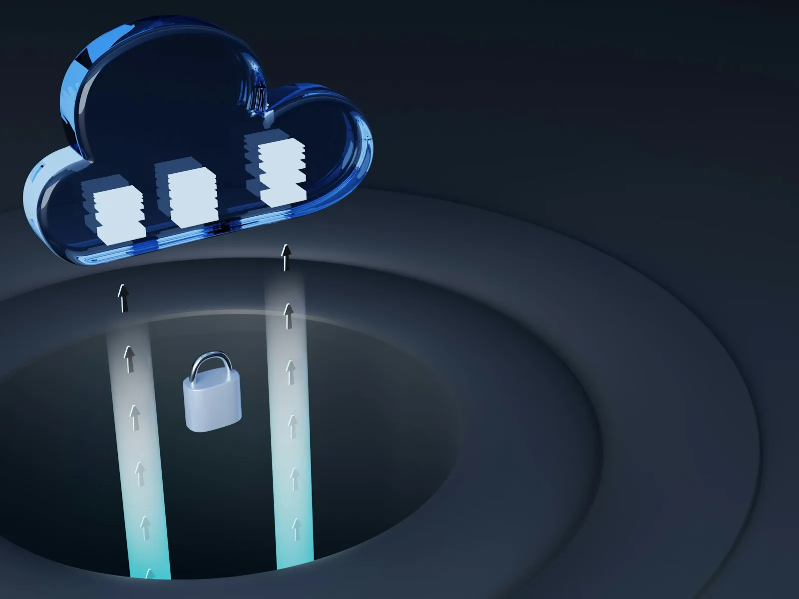3D cloud storage icon with folders and a padlock representing secure data transfer to cloud servers.