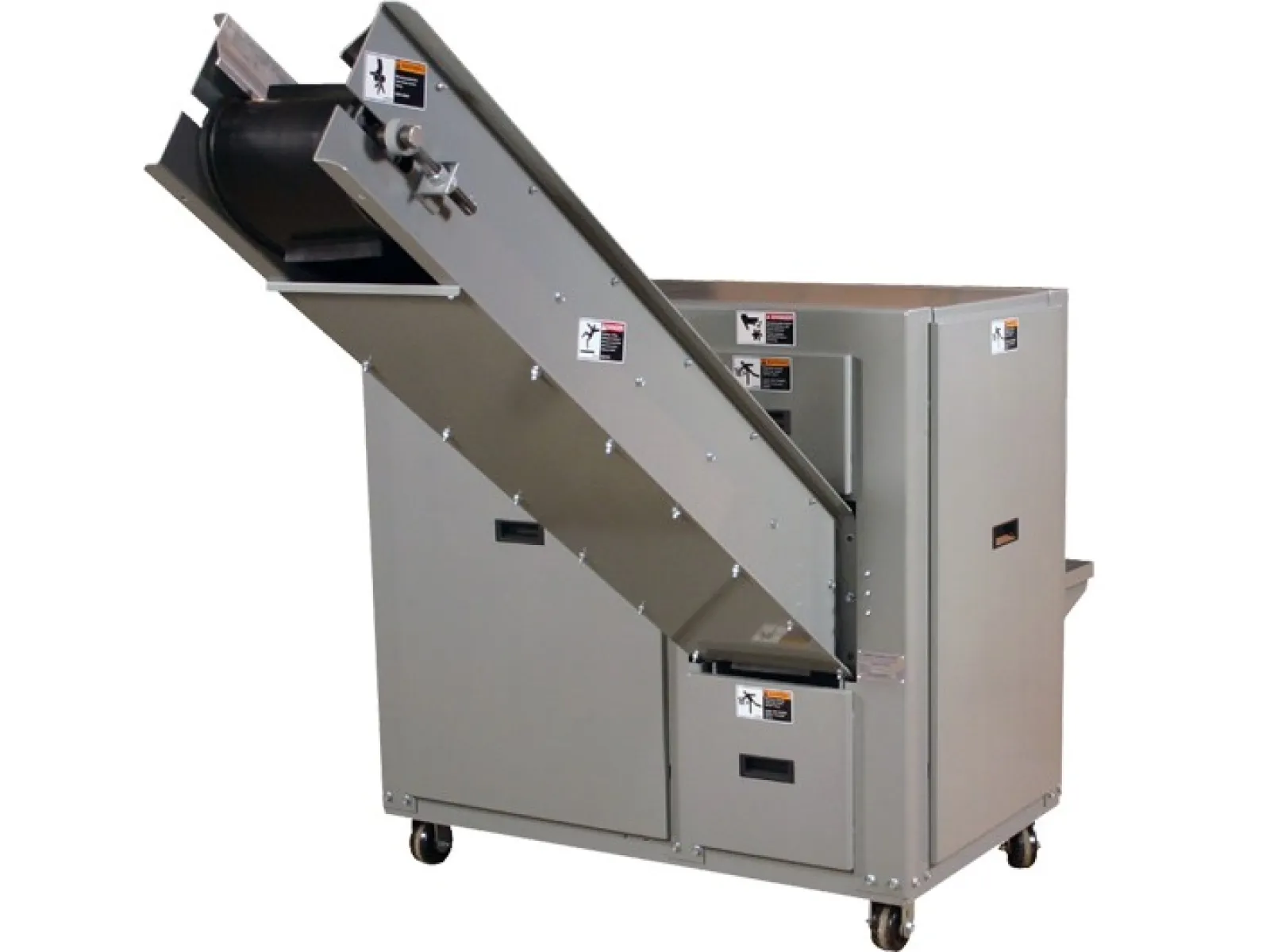Gray industrial conveyor machine with inclined belt for transporting materials, mounted on wheels for mobility.
